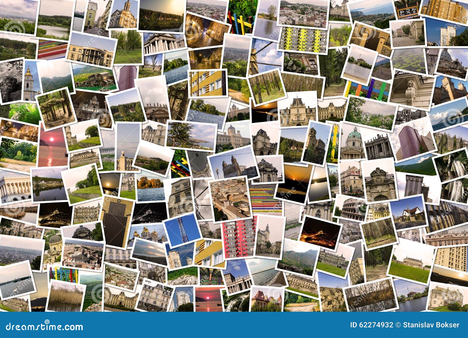 asymmetrical mosaic mix collage of 200+ photos of different places, landscapes, objects shot by myself during europe travels