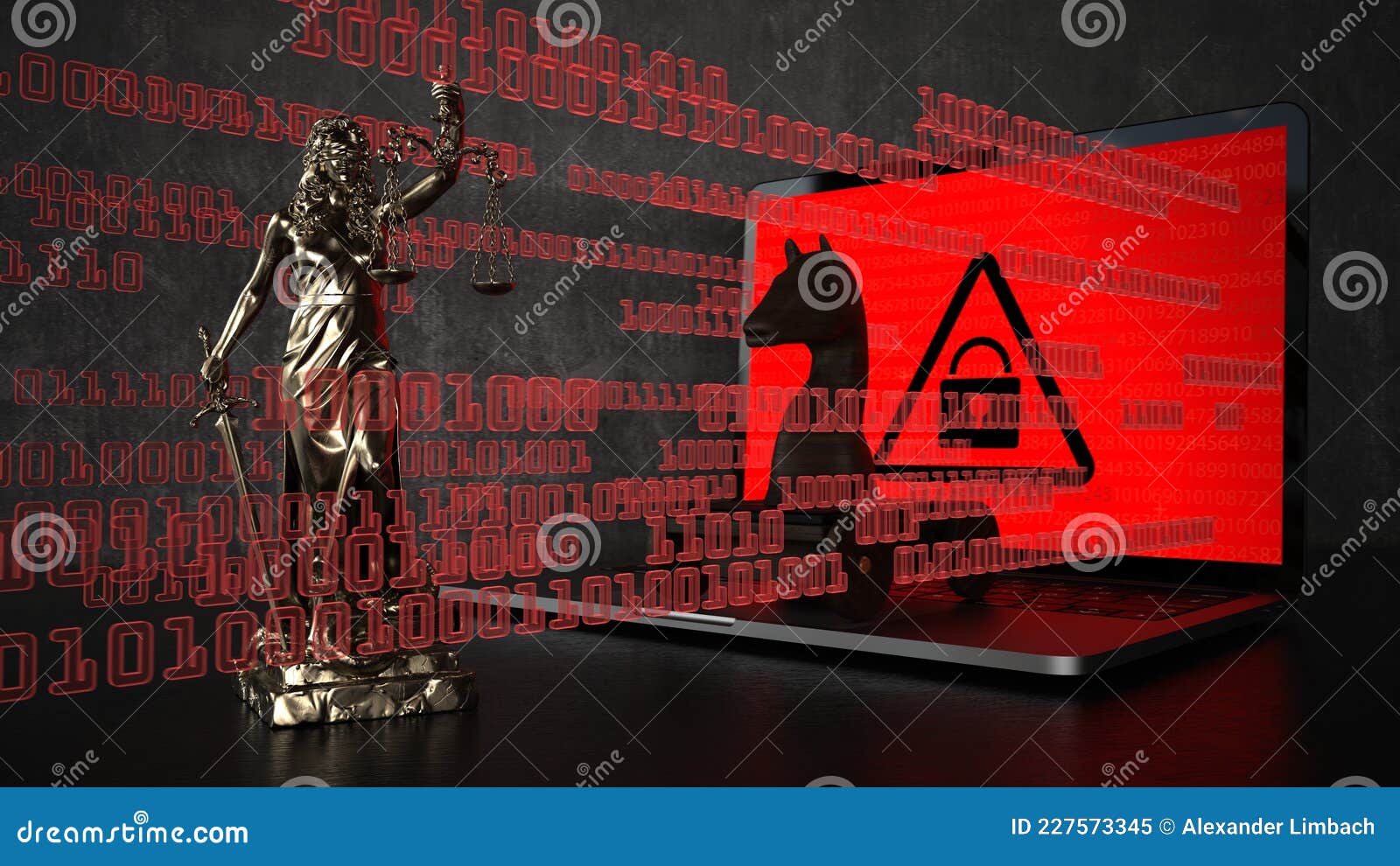 Ataque De Hackers à Estátua Da Justiça De Dama Ilustração Stock