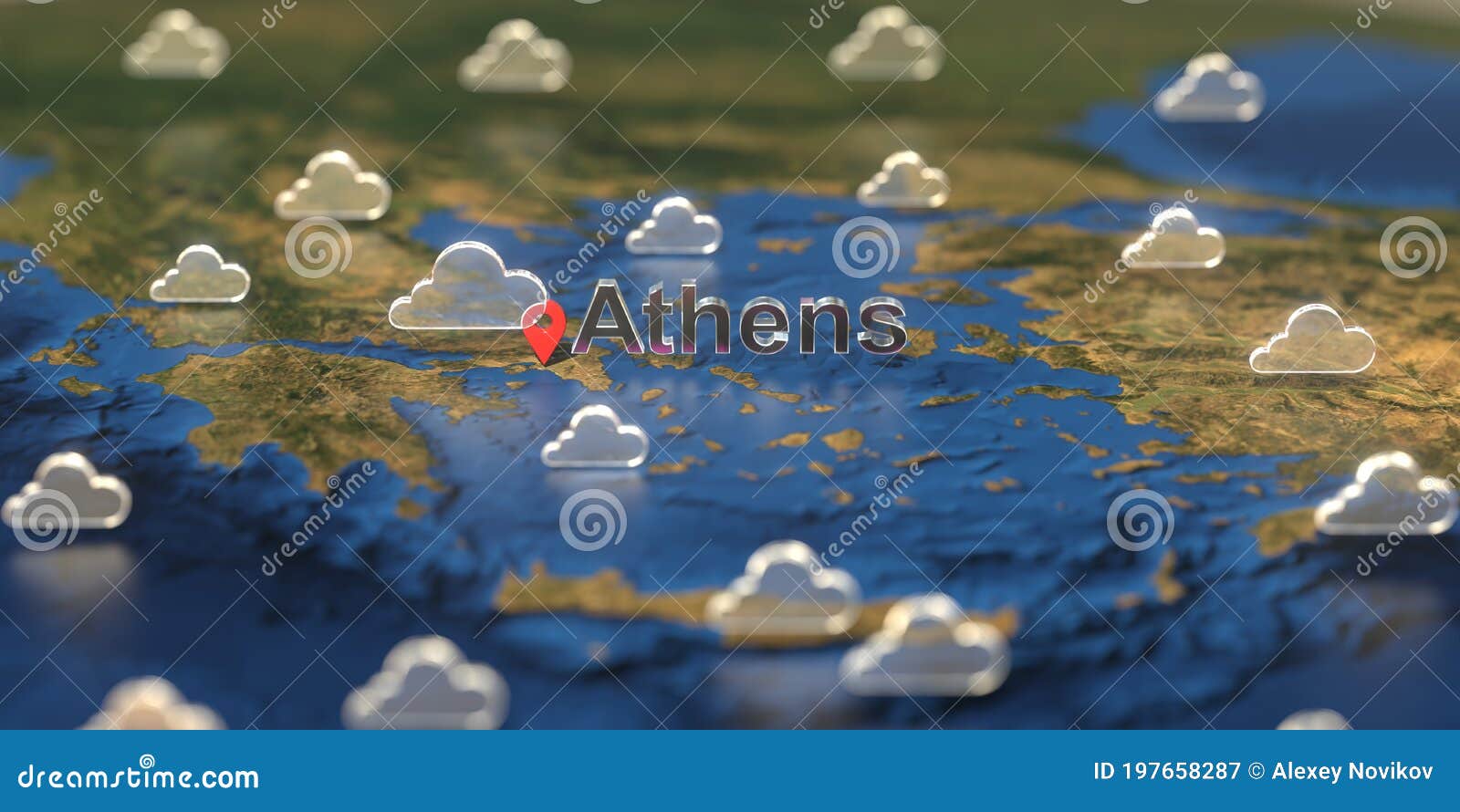 Athens City and Cloudy Weather Icon on the Map, Weather Forecast