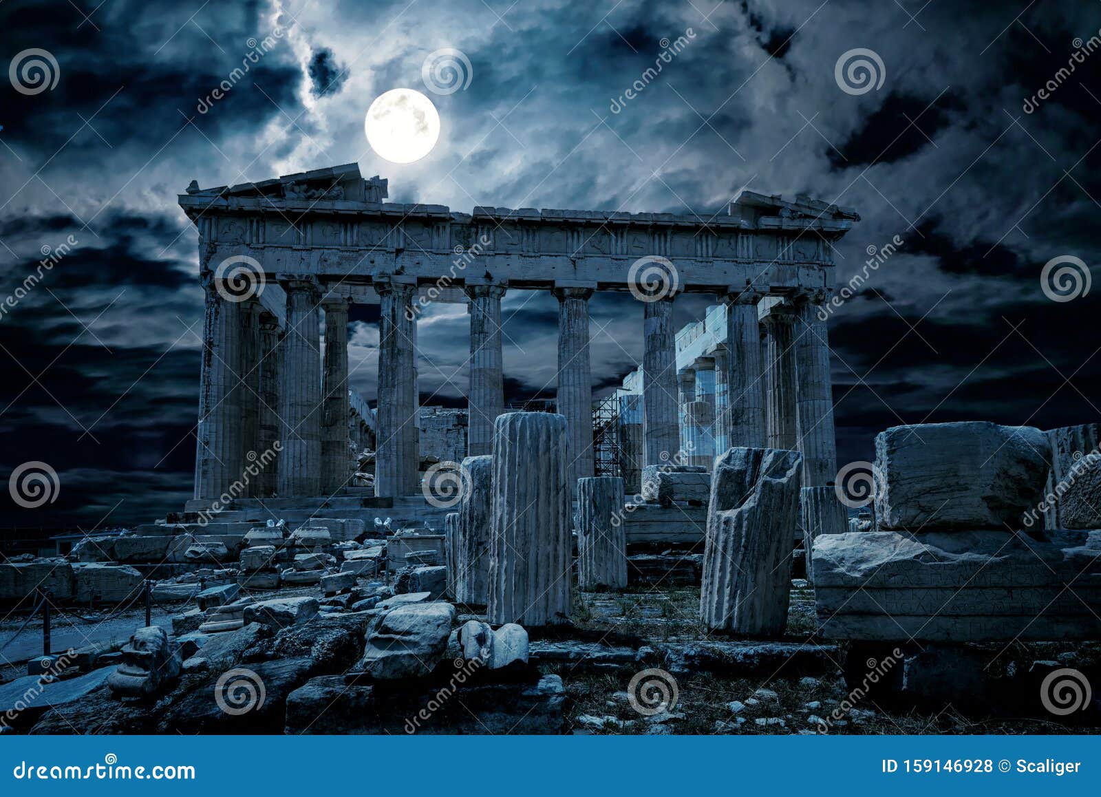 athens at night, greece. fantasy view of old mysterious parthenon temple, top landmark of athens city