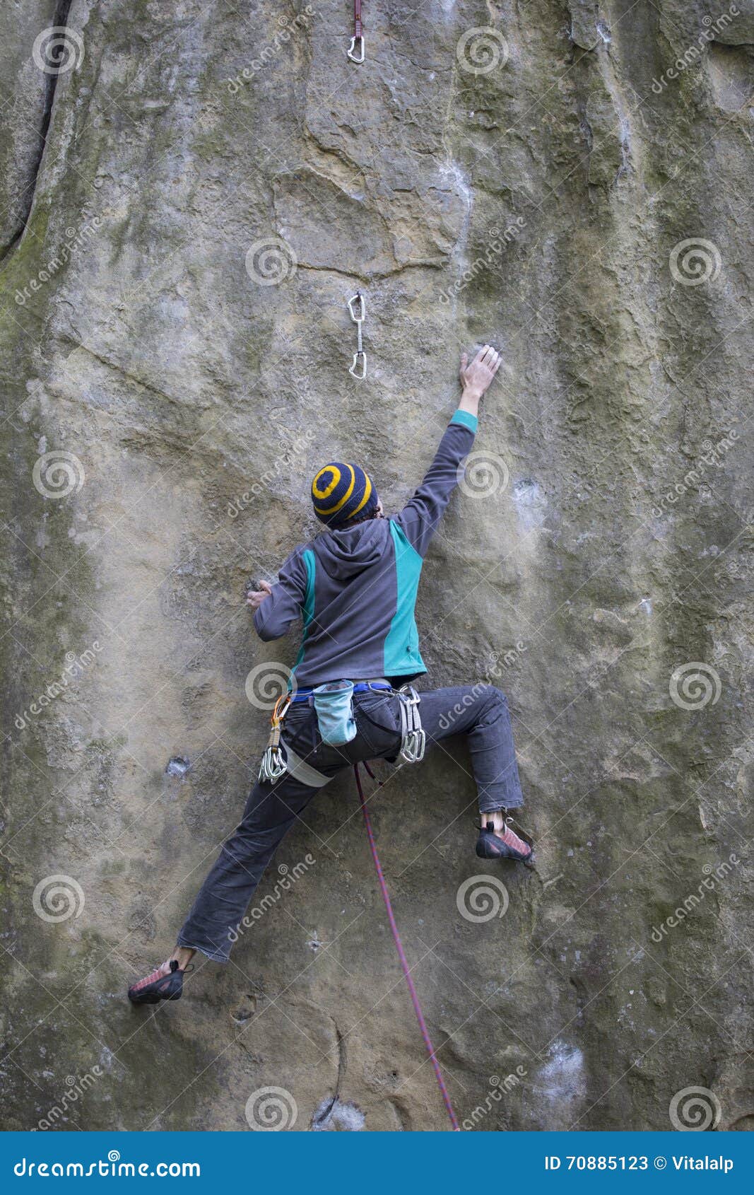 Athlete Climbs on Rock with Rope. Stock Image Image of forest, climb