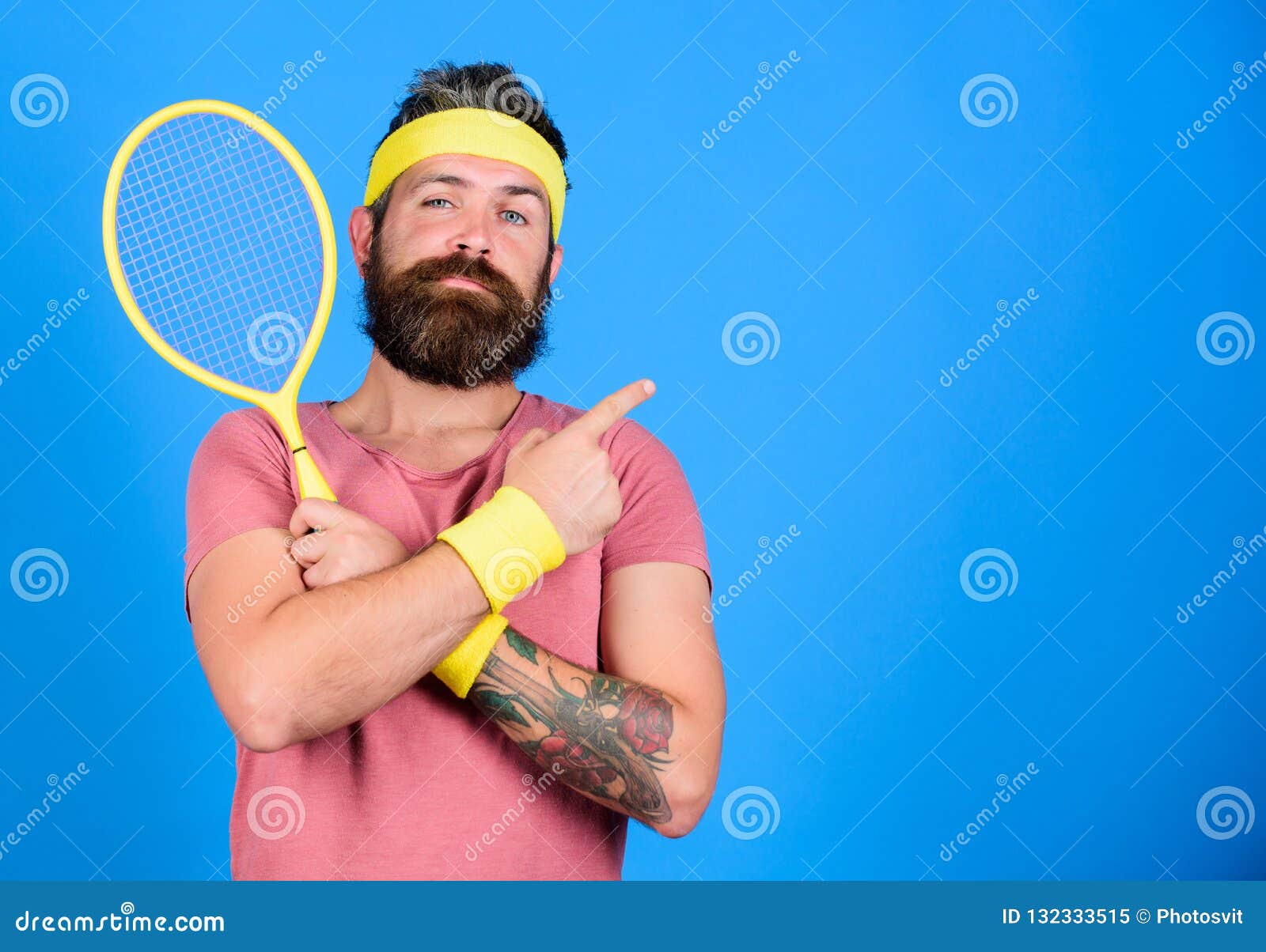 Athlete Hold Tennis Racket in Hand on Blue Background. Tennis Sport ...