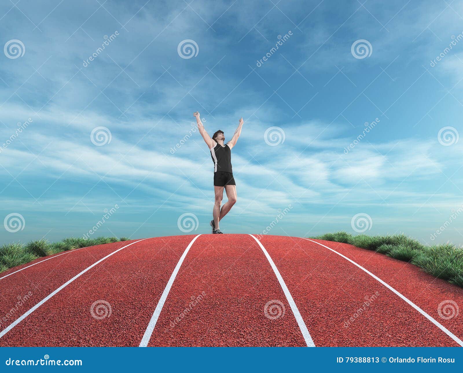 athlete runner rises his hands to the sky