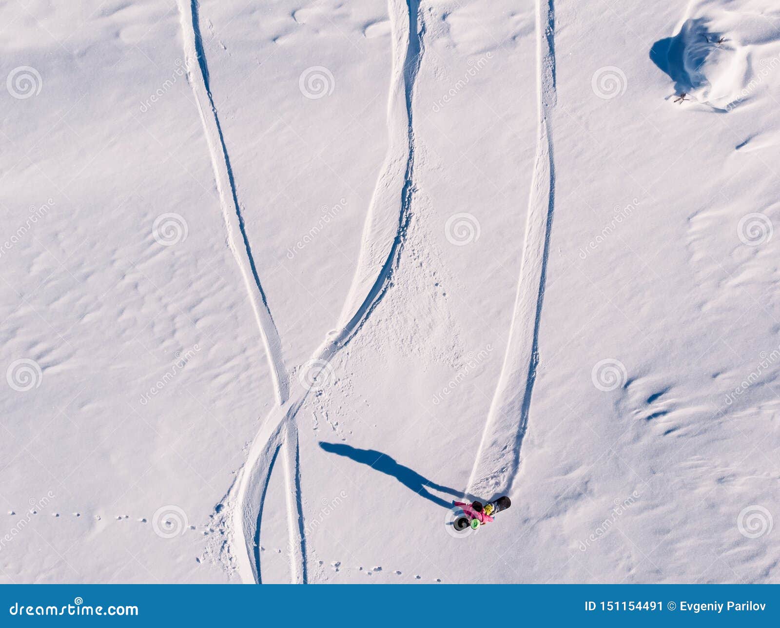Athlete Snowboarder Rides Off Piste Clean Snow Snowboard Untouched In Forest On Slope Aerial Top View Stock Image Image Of Downhill People