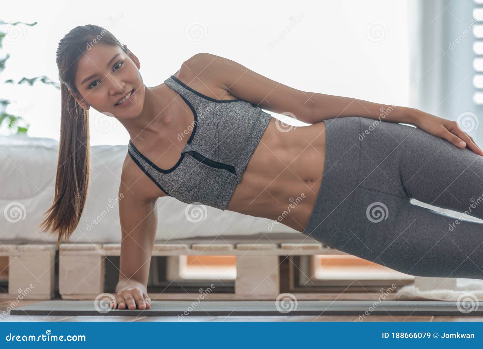 Athletic Healthy Asian Woman In Sportswear Workout Excercise A