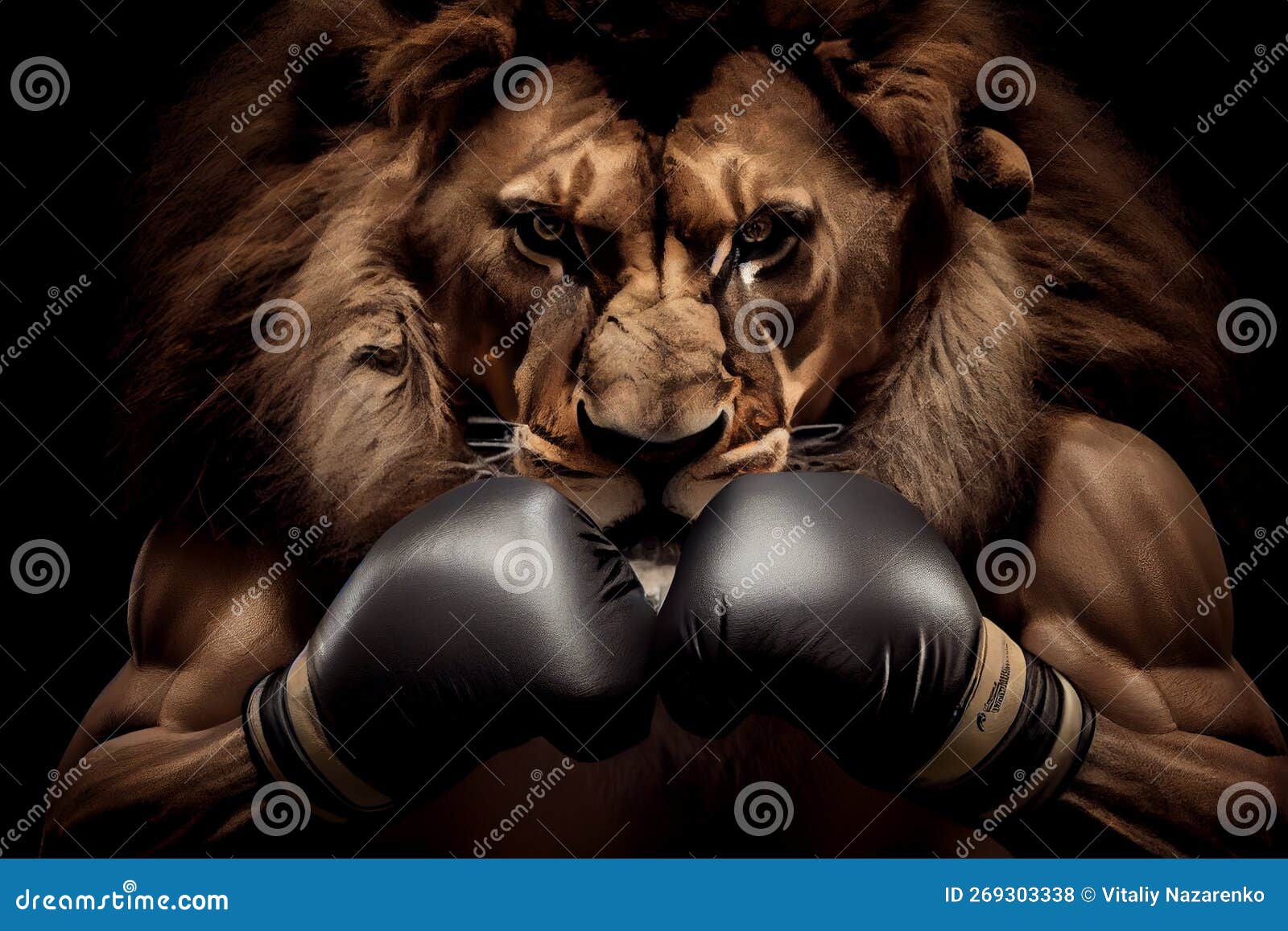 Athletic Lion in Boxing Gloves. AI Generated. Stock Illustration