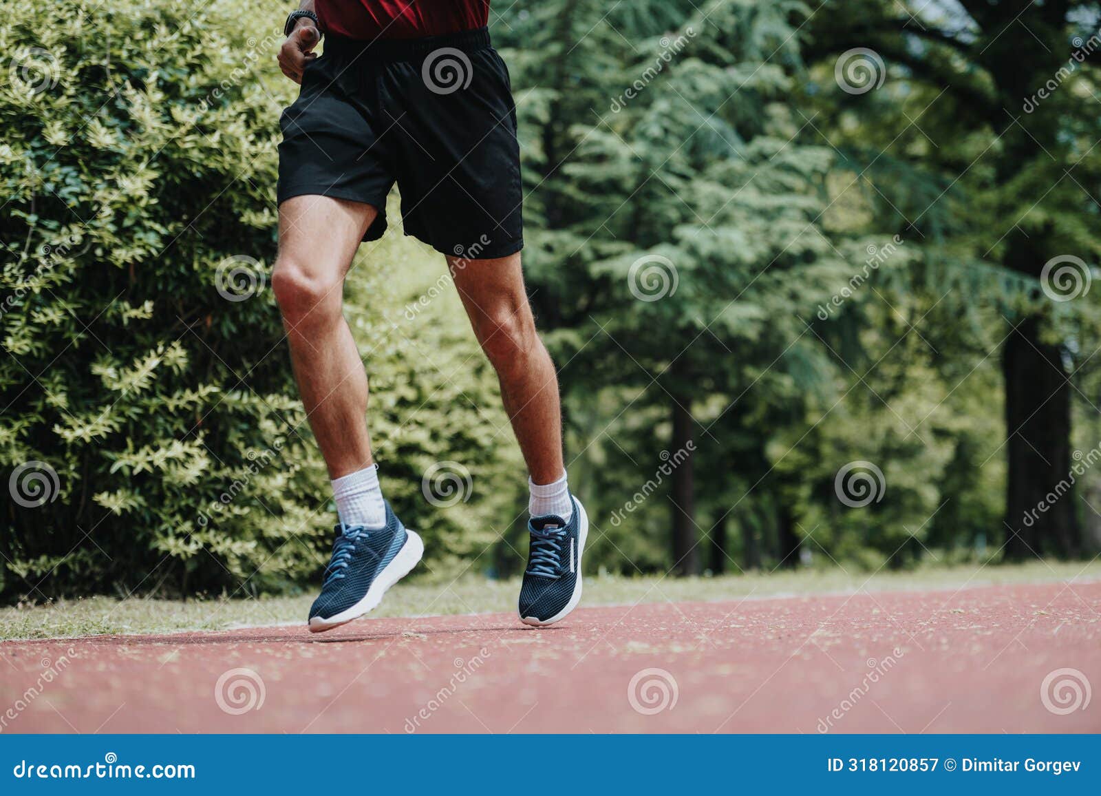 athletic man running on a serene forest track in the park during summer