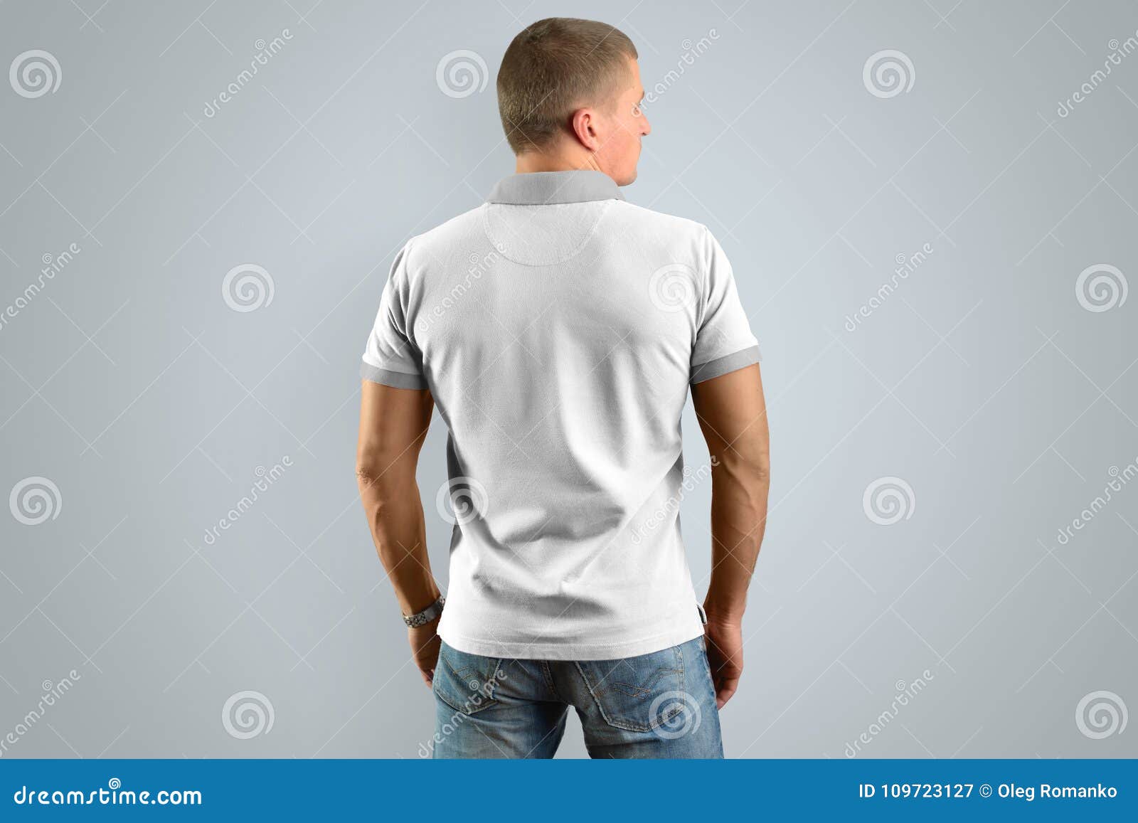 Download Athletic Man In The White Polo Shirt, Back View. Mockup ...