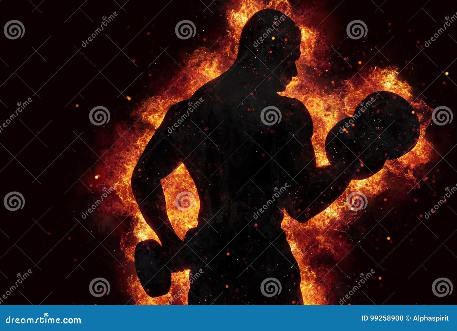 Athletic Man Training Biceps at the Gym with Fire Effect Stock Photo