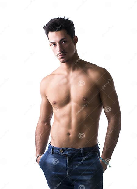 Athletic Shirtless Young Man in Jeans, with Moustache Stock Photo ...