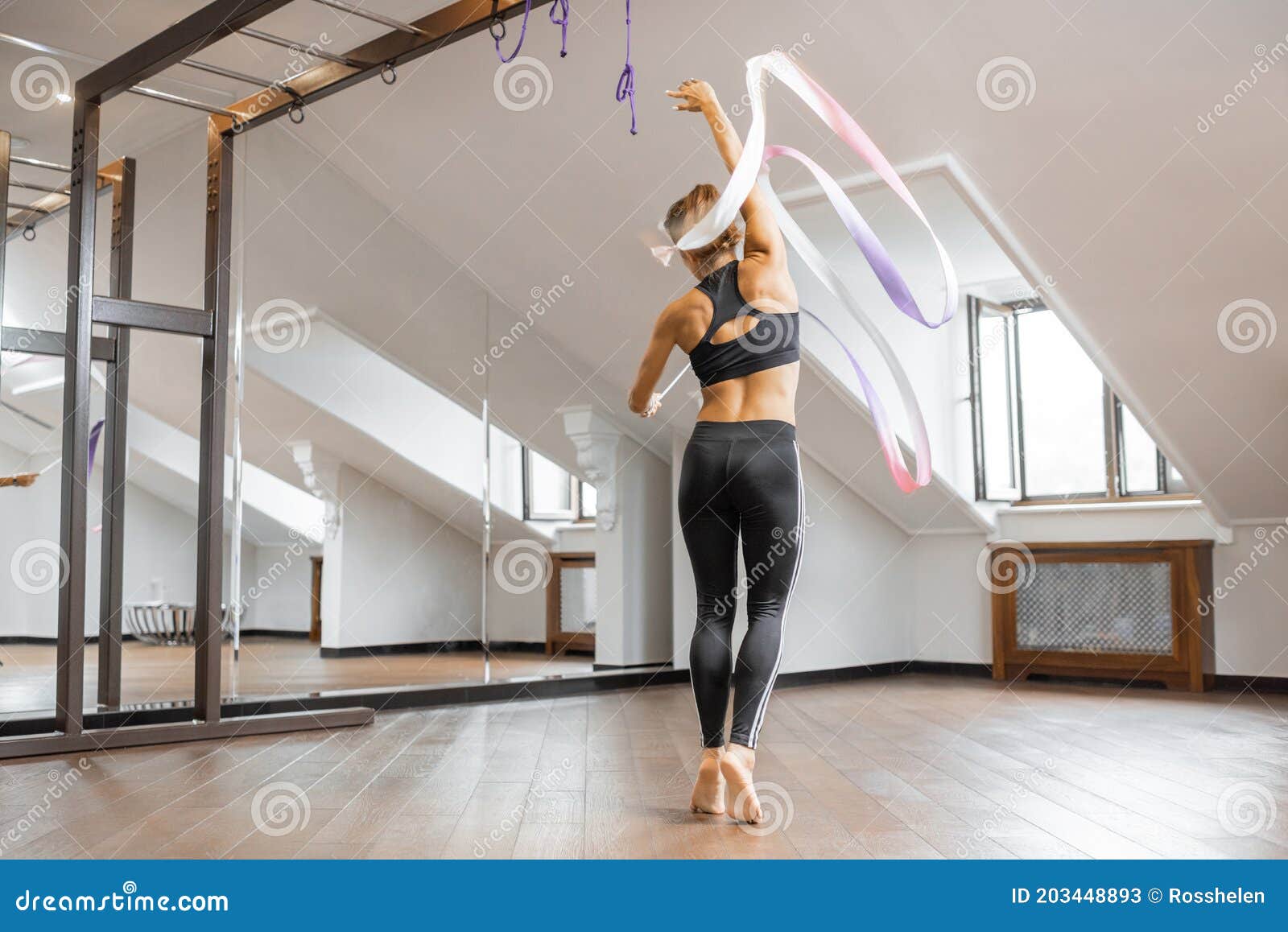 Woman Practising Rhythmic Gymnastics Indoors Stock Image Image Of Gymnastics Ribbon 203448893