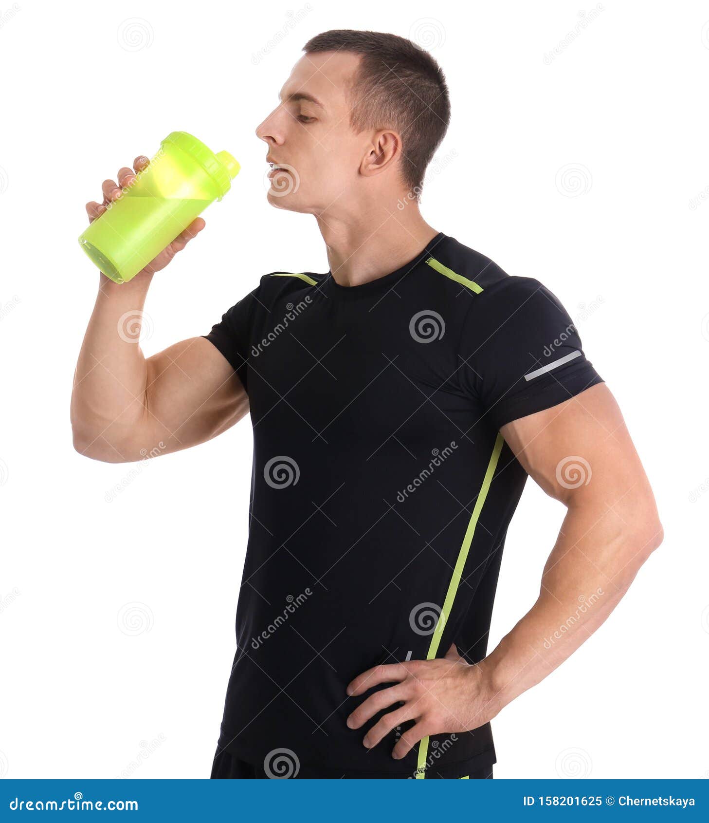 Athletic Young Man Drinking Protein Shake on White Stock Image Image