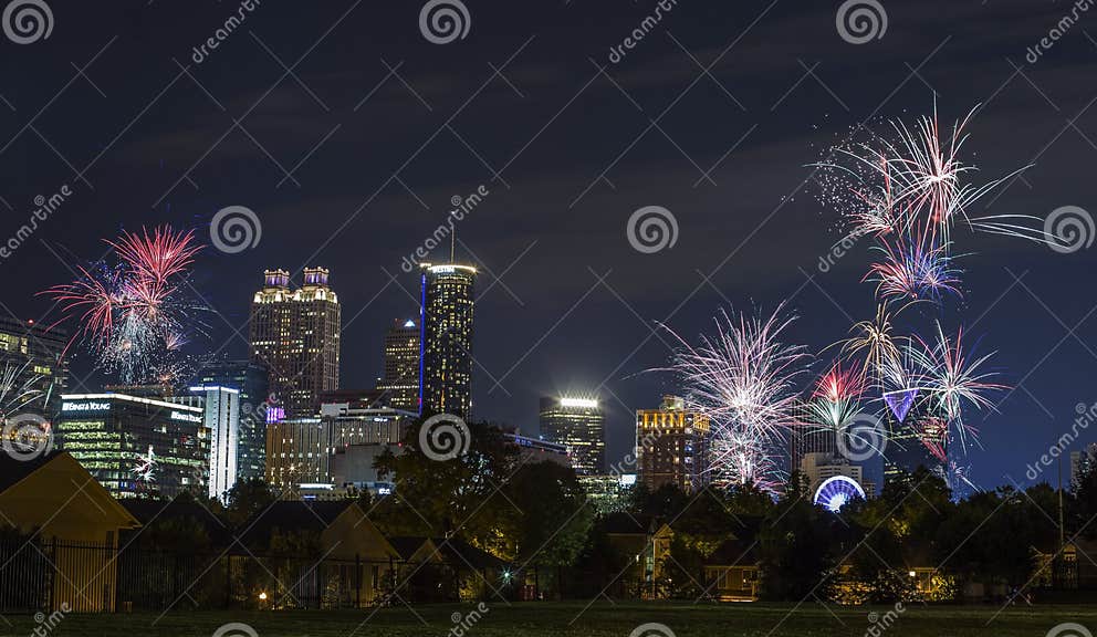 Atlanta Downtown Night Skyline and Fireworks Editorial Photo Image of