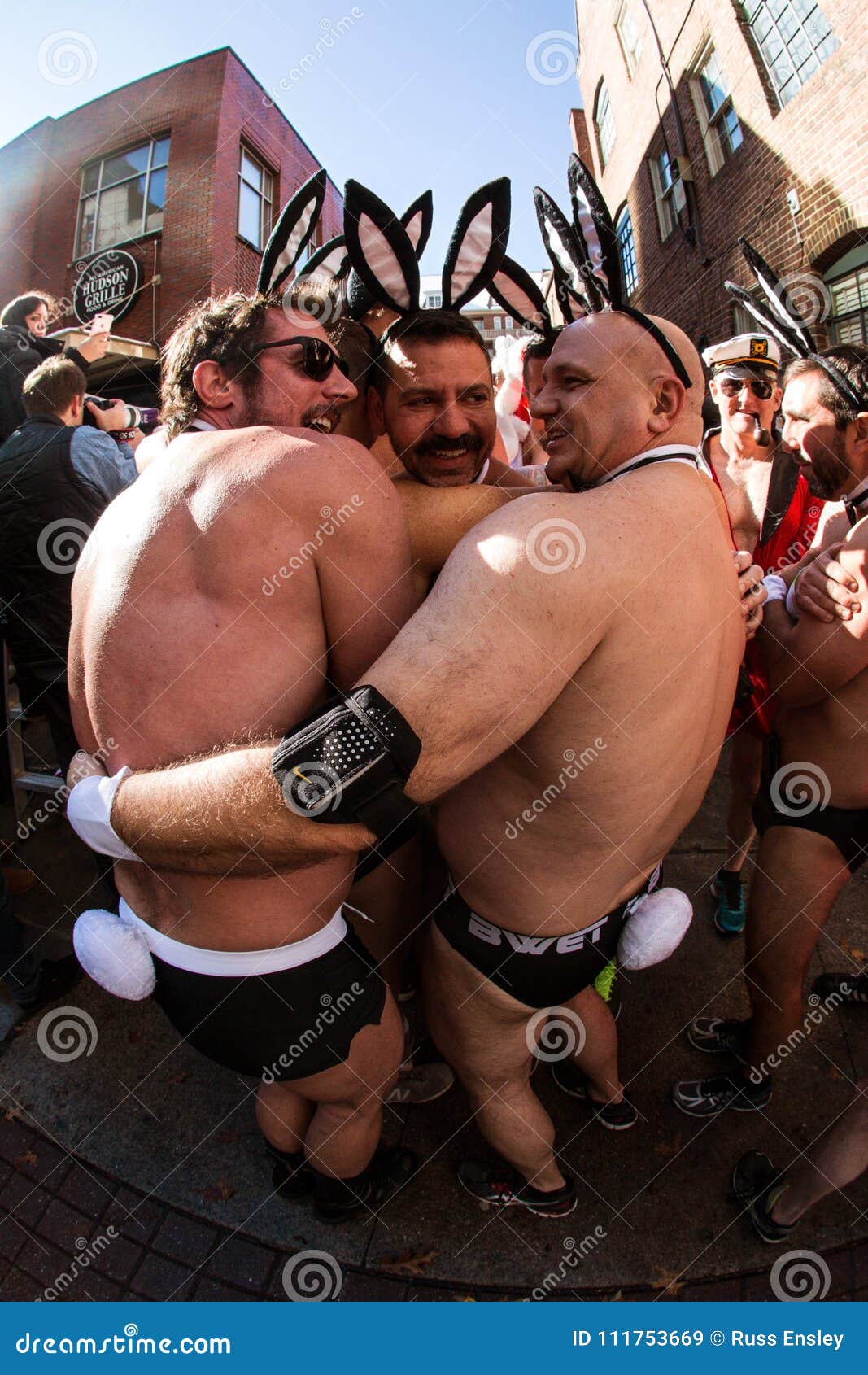 Men Speedos and Playboy Bunny Accessories Shiver before Event Editorial Image - of group, 111753669