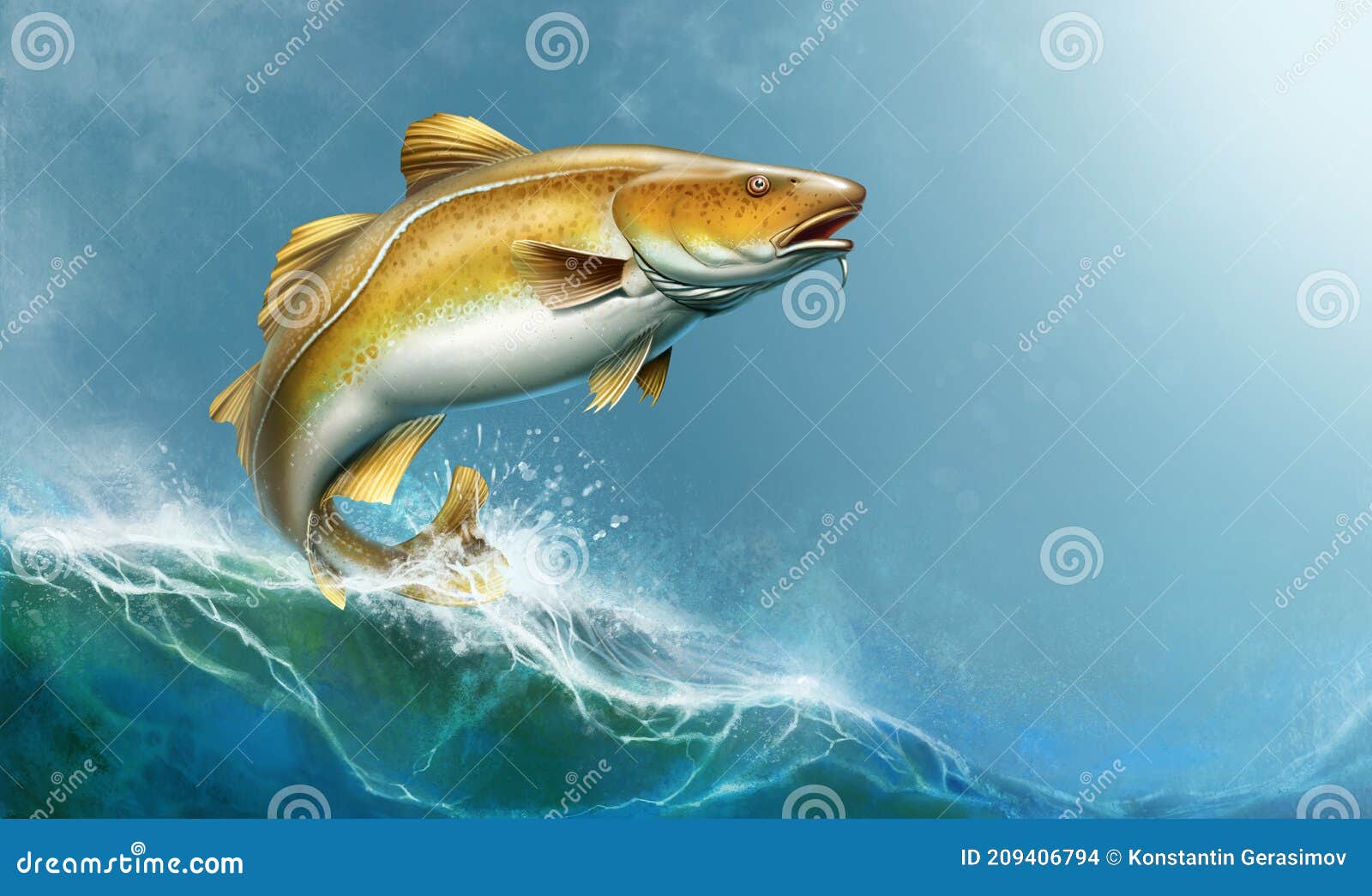 Atlantic Cod Fish Attack Fish Bait Jigs and Stakes Spoon Bait Jumping Out  of Water Illustration Isolate Realistic. Stock Photo - Image of drawn,  closeup: 209406794