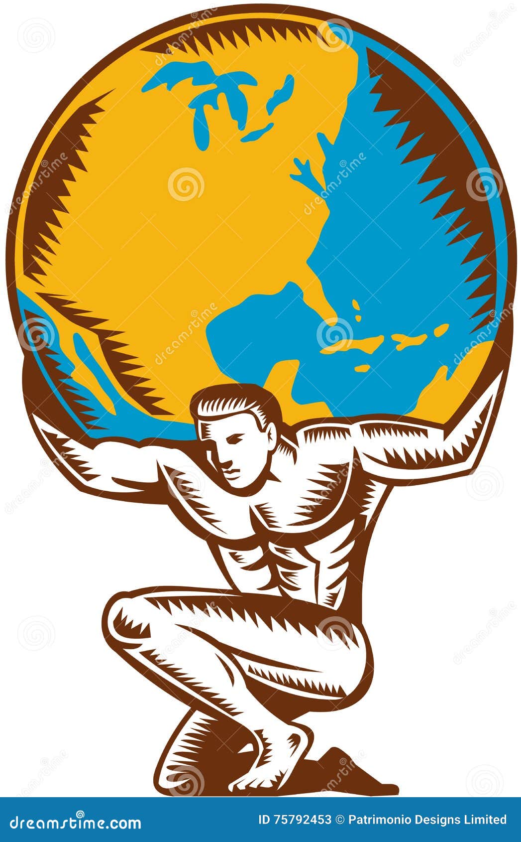 atlas lifting globe kneeling woodcut