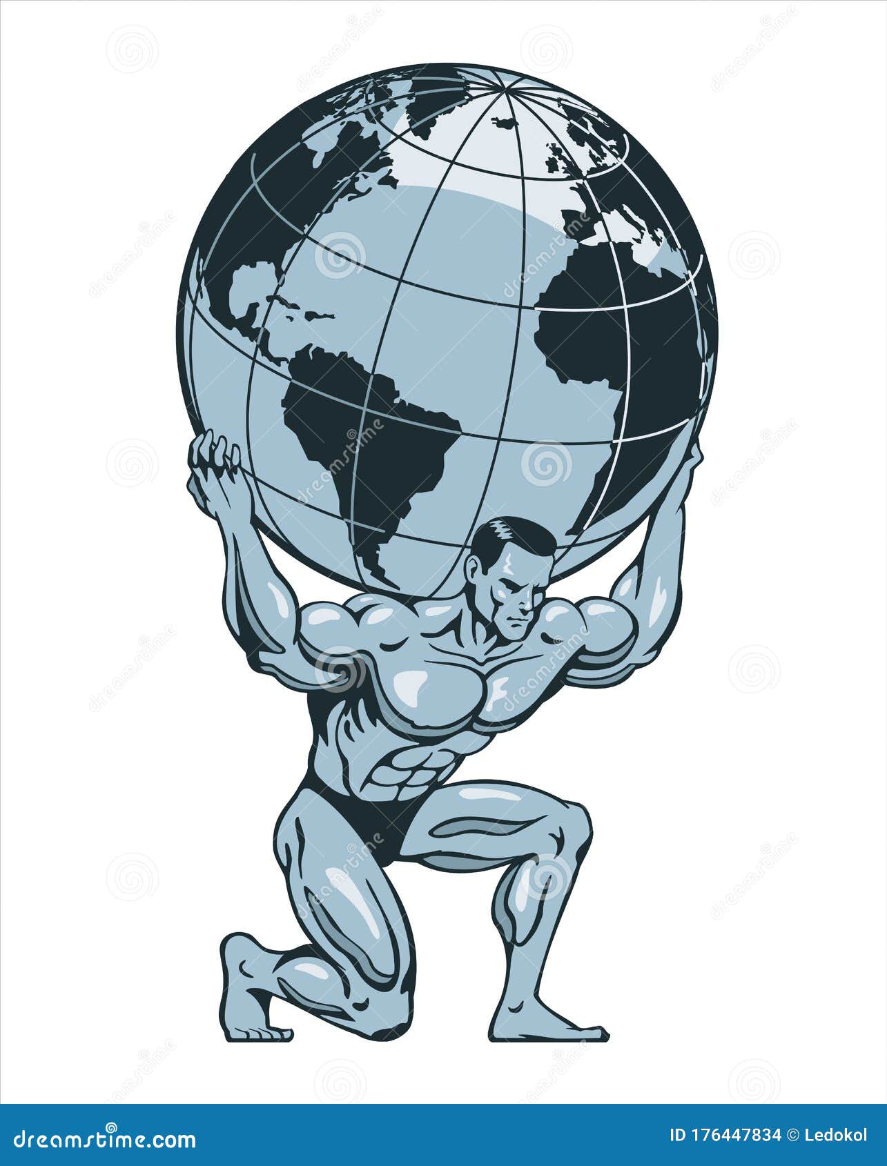 atlas or titan kneeling carrying lifting globe world earth on his back. bodybuilder.  