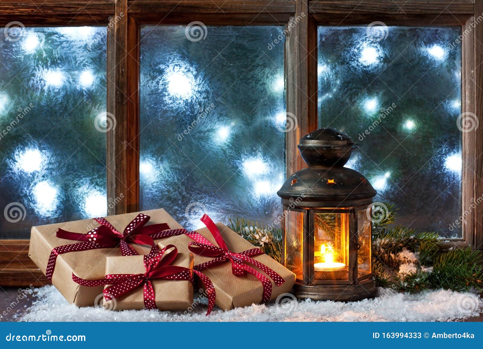 Atmospheric Christmas Window Sill Decoration with Lights Stock Image ...