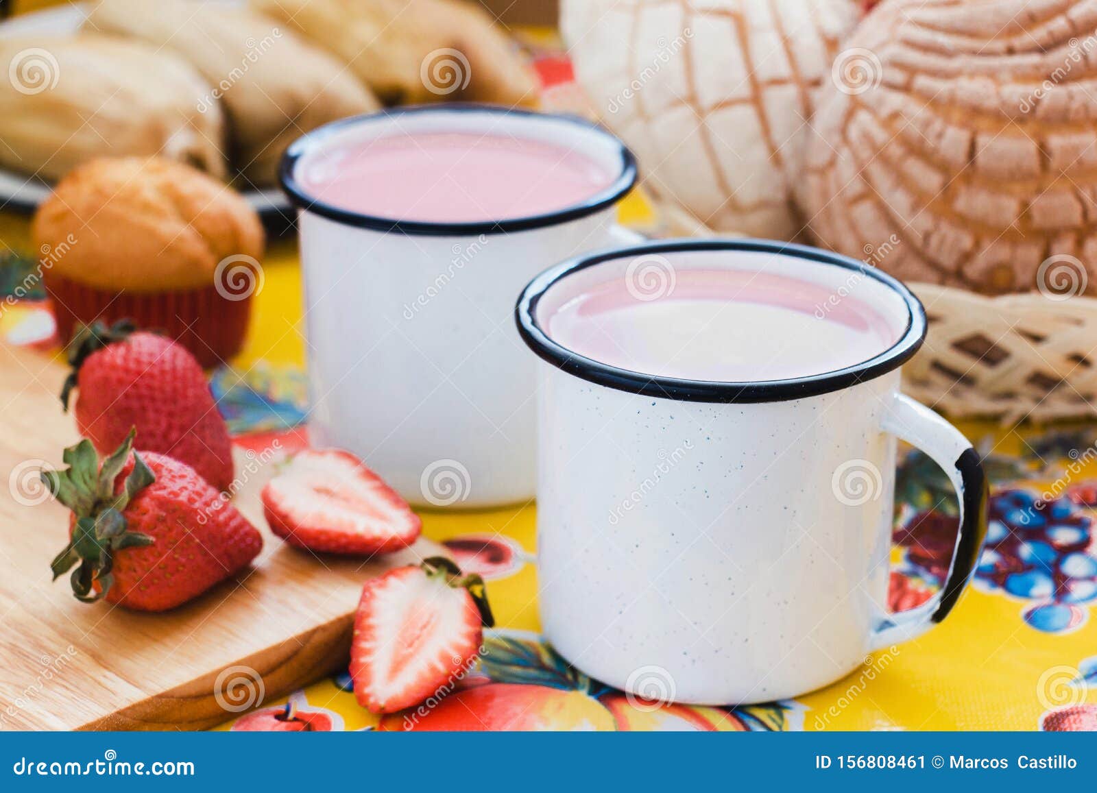 atole de fresa, mexican traditional beverage and bread, made with cinnamon and strawberries in mexico