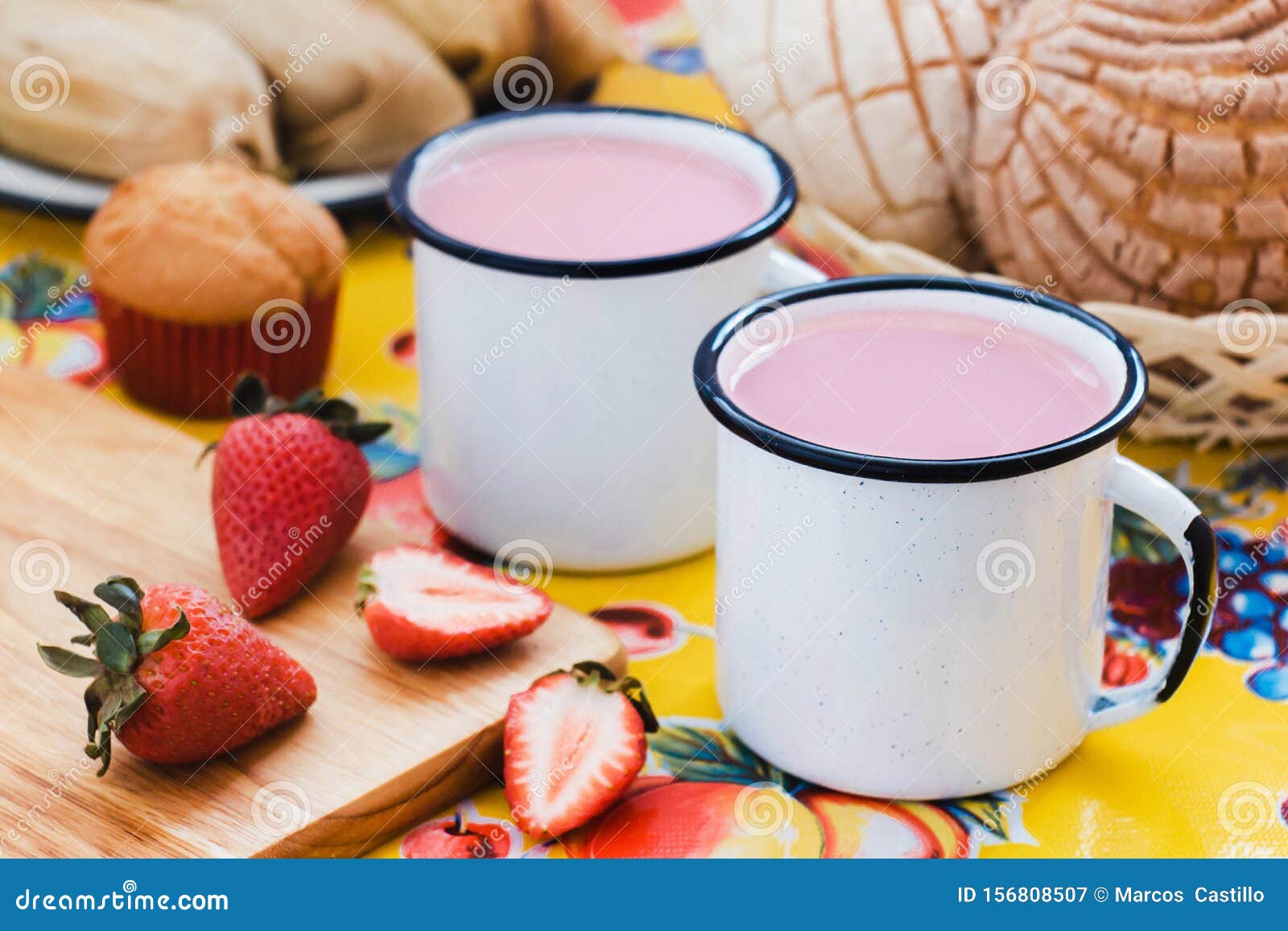 atole de fresa, mexican traditional beverage and bread, made with cinnamon and strawberries in mexico