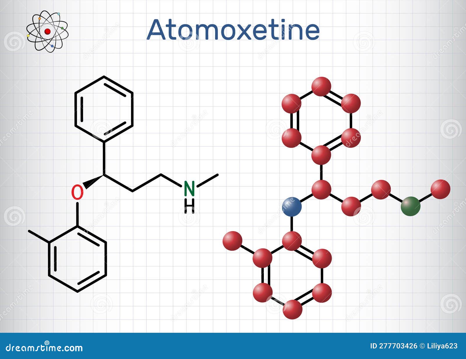 atomoxetine molecule. it is used in the management of attention deficit hyperactivity disorder adhd. structural chemical formula,
