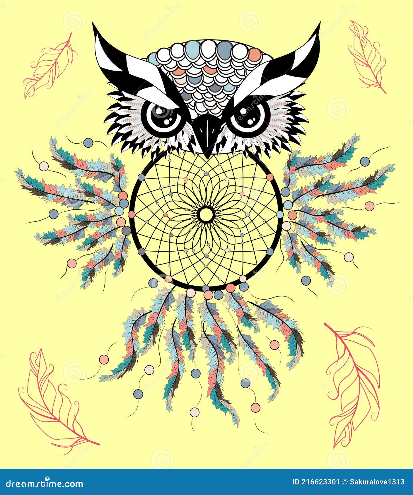 Atrapasueños. Búho. Símbolo Místico Del Arte Del Tatuaje. Plumas Abstractas. Ilustración del Vector - Ilustración de fauna, batir: 216623301