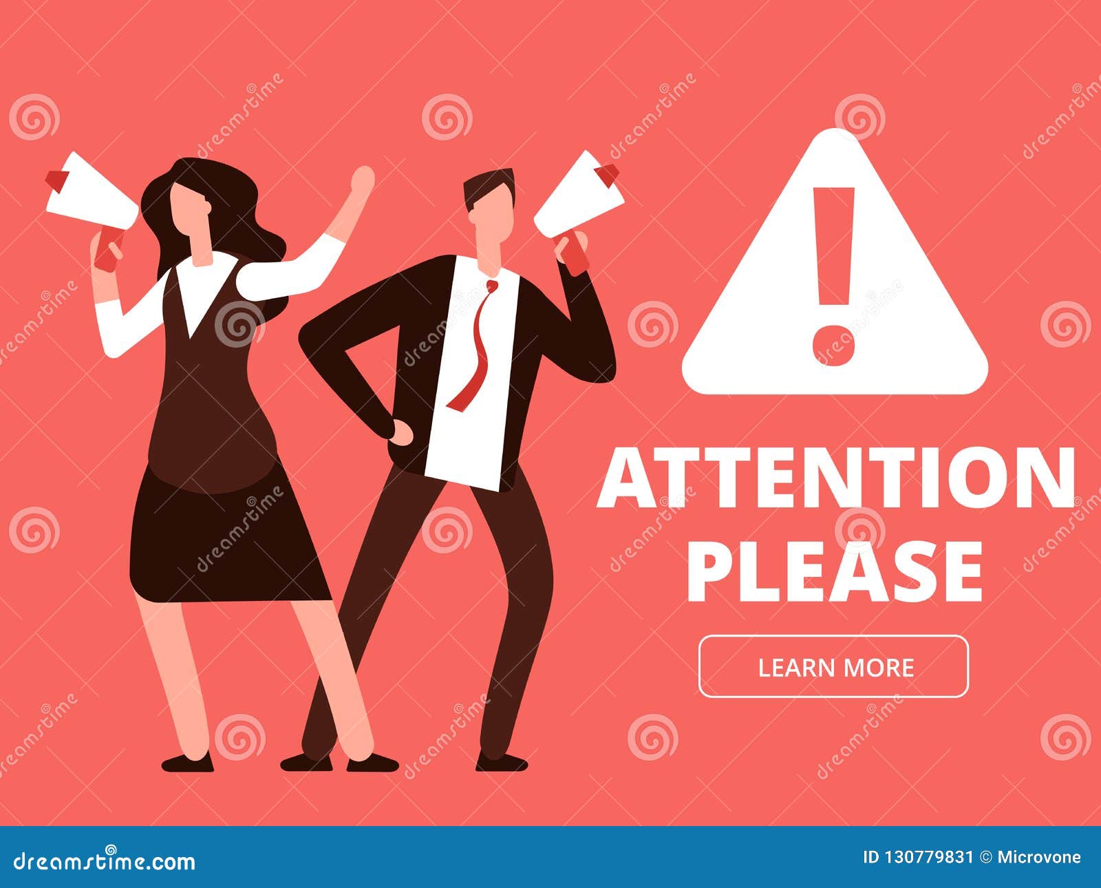 attention  banner or web page template with cartoon man and woman with megaphones