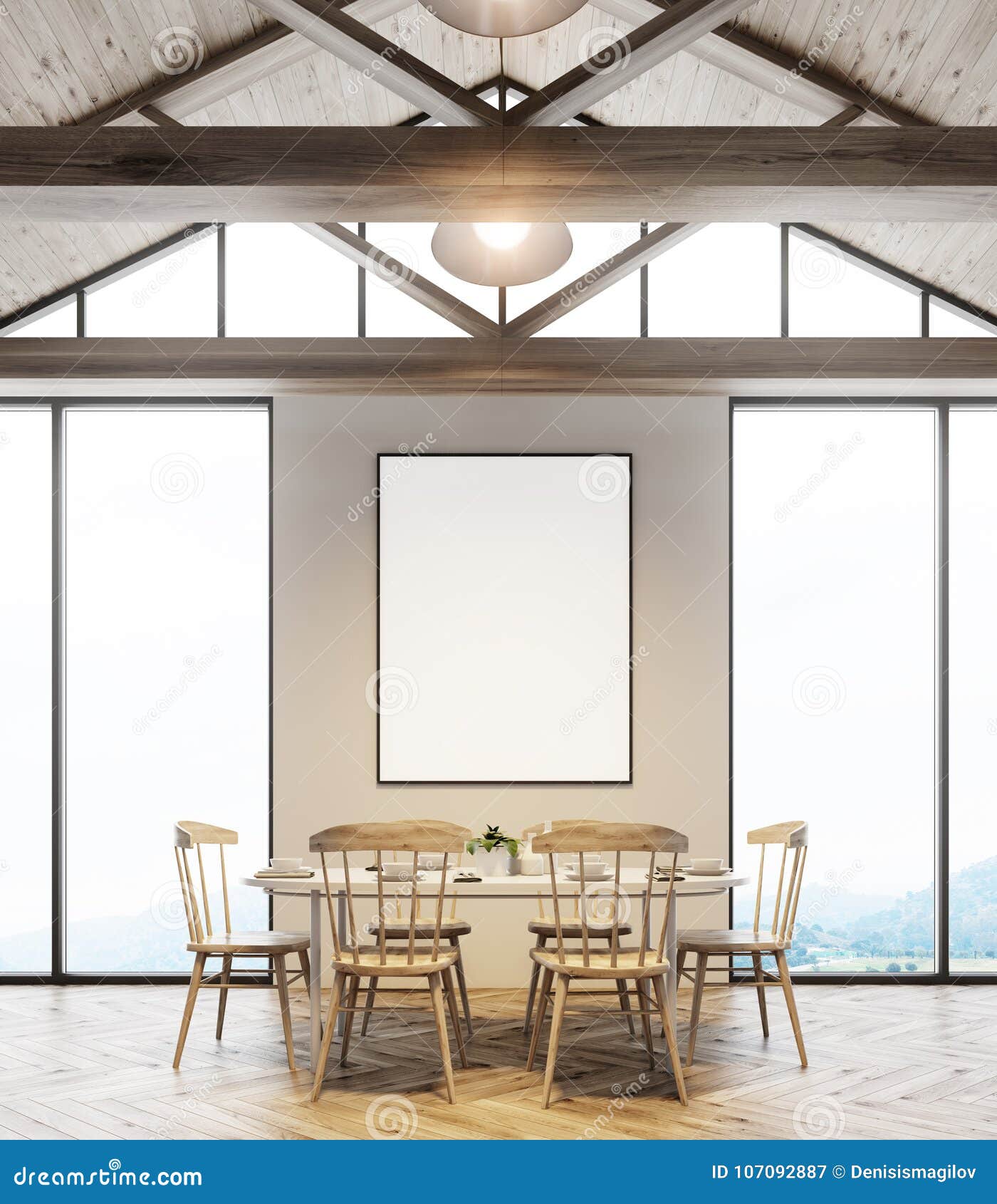 Attic Dining Room Interior Poster And Table Stock
