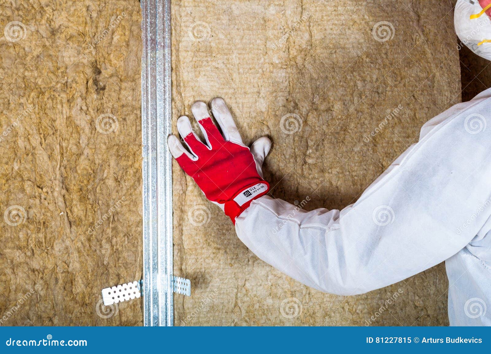 Attic Loft Insulation by Hand Stock Image Image of gloves, interior