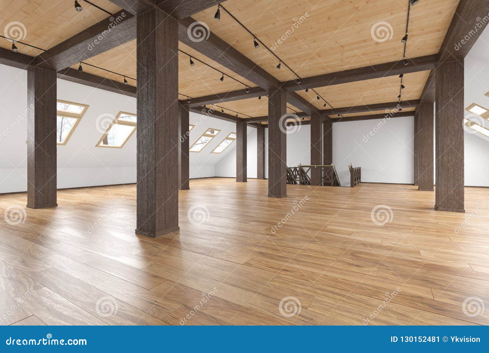 Attic Loft Open Space Empty Interior With Beams Windows