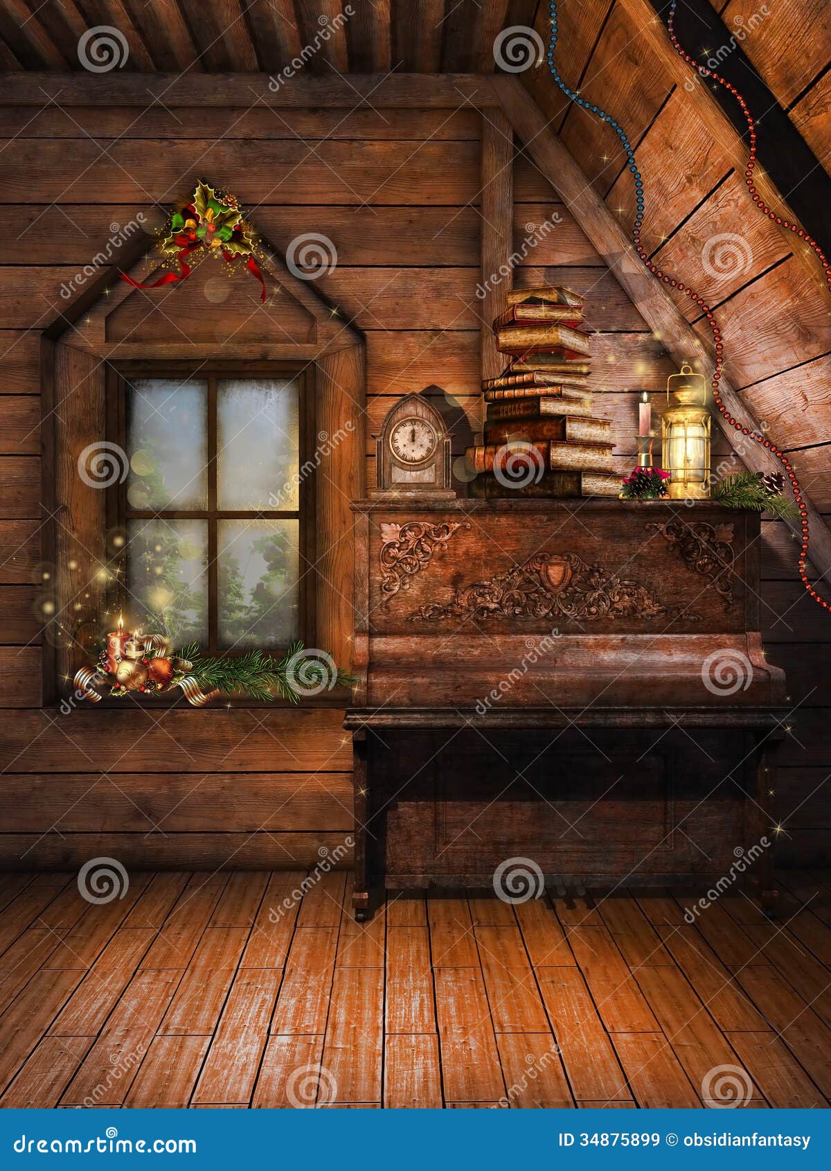 Attic With A Piano And Candles Stock Illustration ...