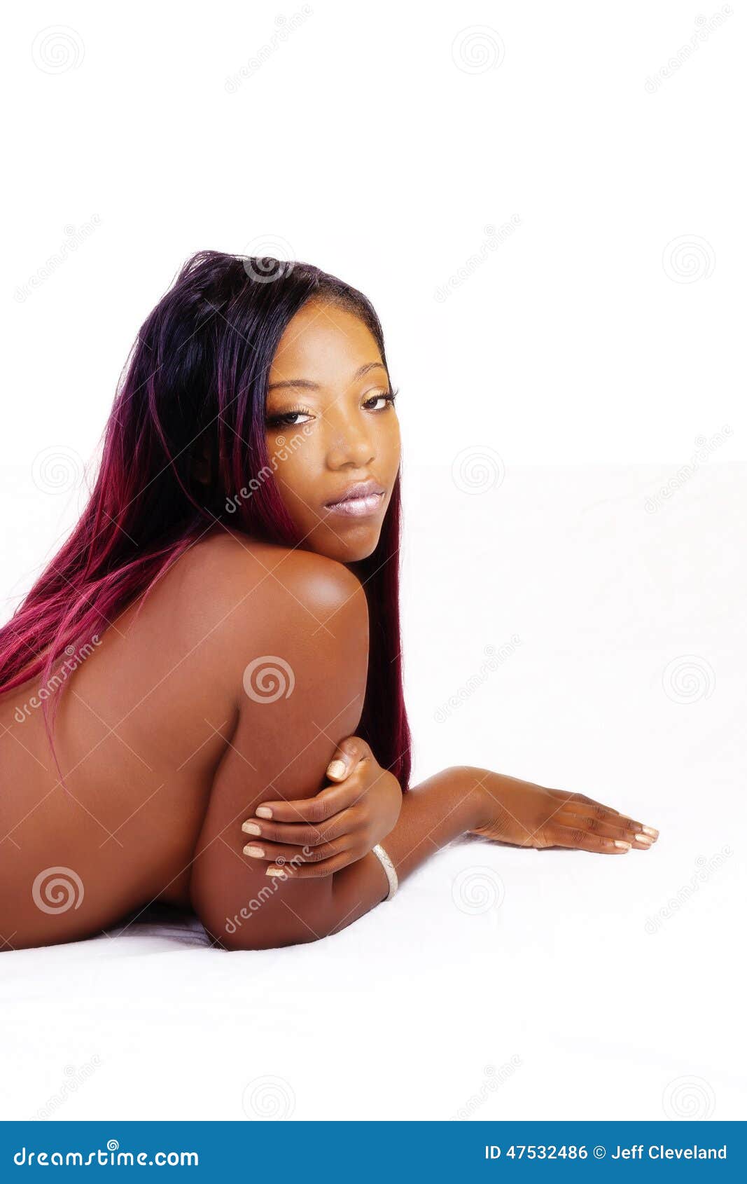 Topless Attracitve African American Woman Breast Covered Stock Photo