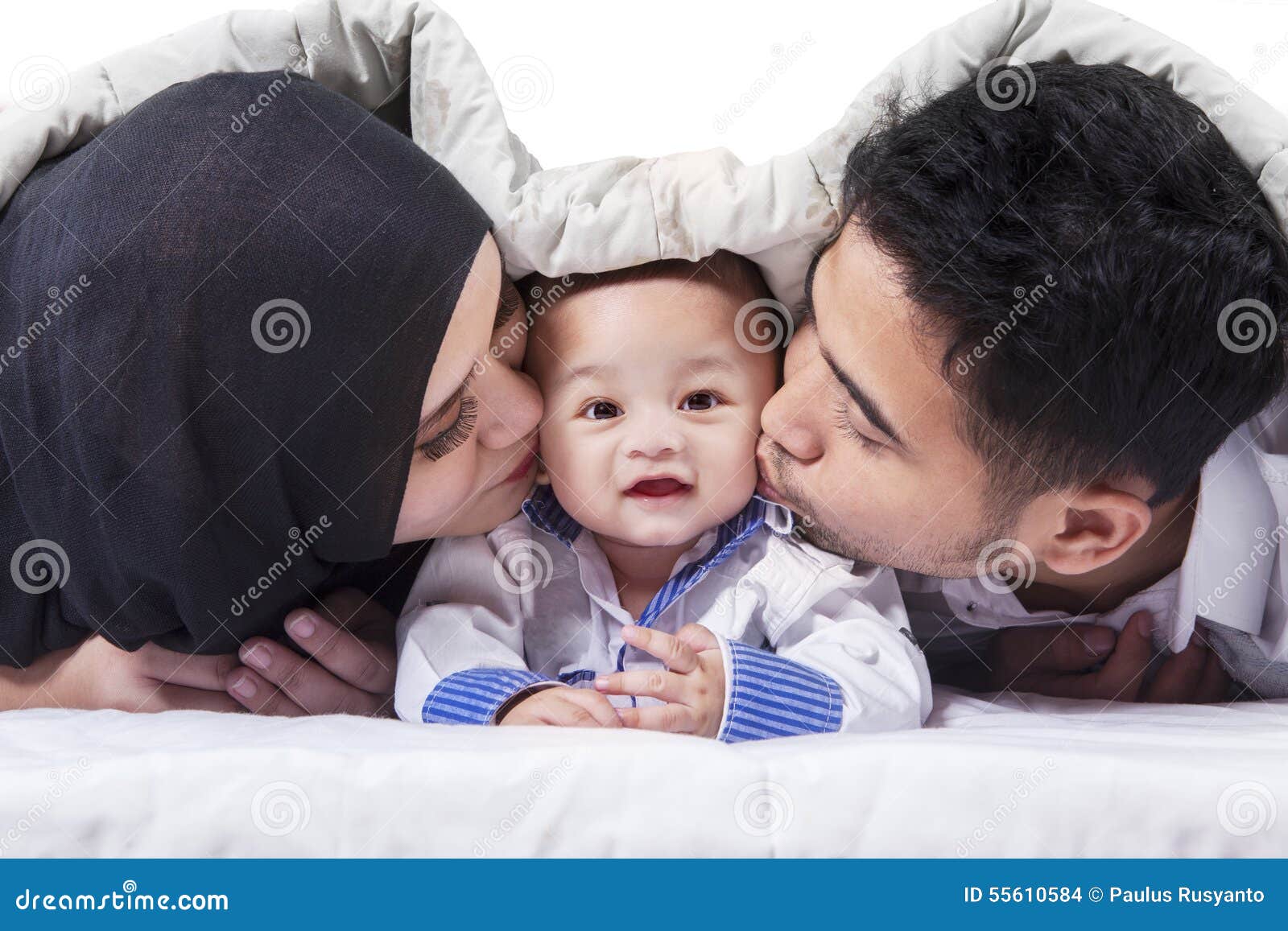 Attractive Baby Under Blanket With Parents Stock Photo Image Of Happy Indoors