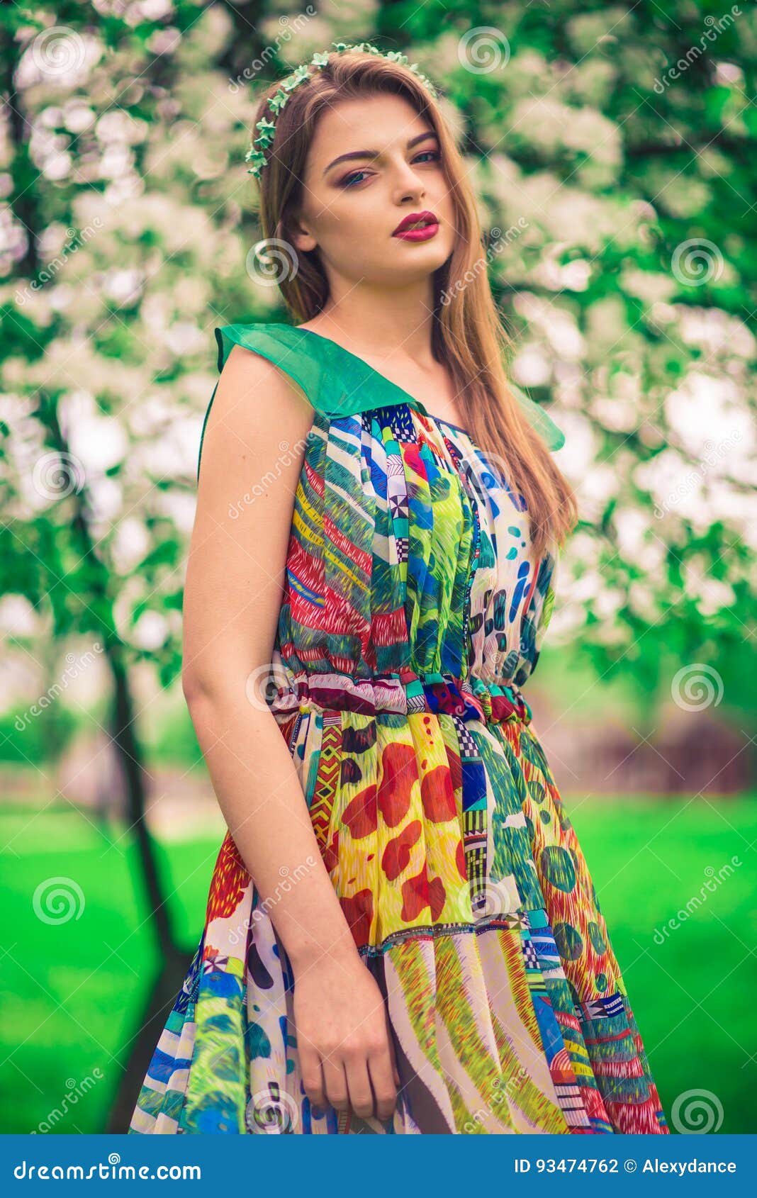 Attractive Beautiful Young Model in Colorful Dress in Summer Garden ...