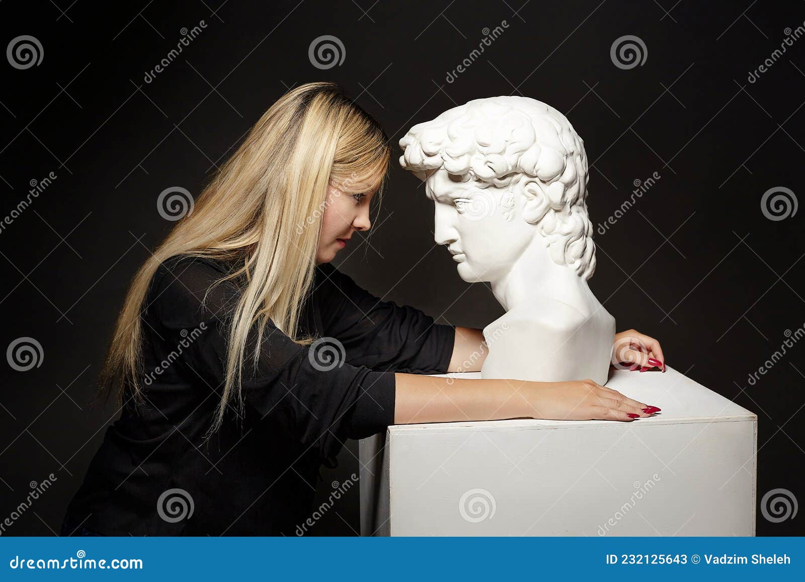 Fake Bust of David with Red Glass Hearts on the Eyes, Love Concept