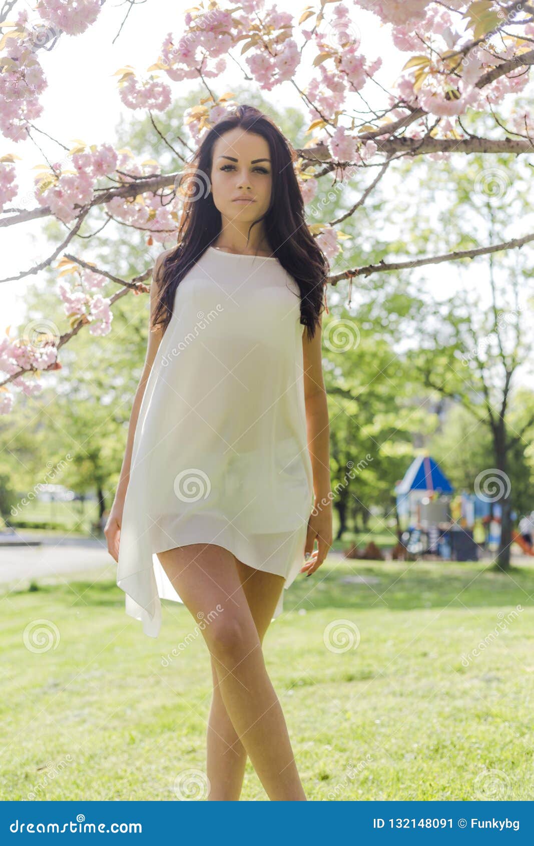 Attractive Brunette Woman In Light Dress Looking At Camera While Posing Near Flowering Tree