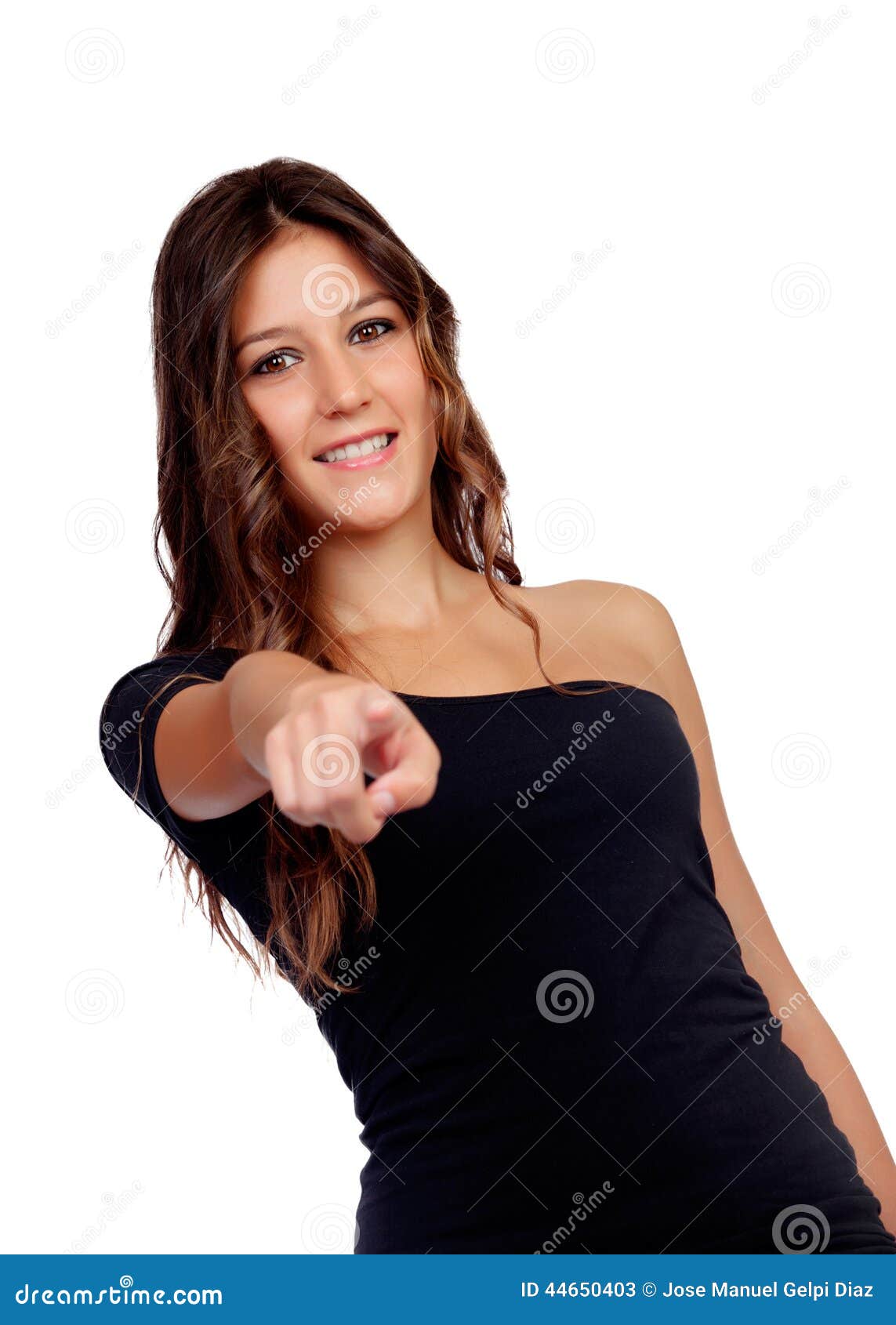 Attractive Casual Girl In Black Indicating At Camera Stock Image Image Of Adult Cheerful