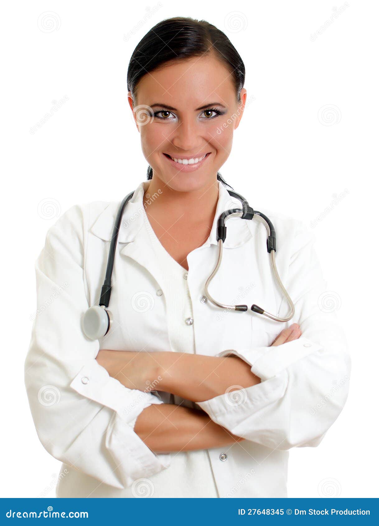 Attractive doctor with arms crossed. Isolated on white.