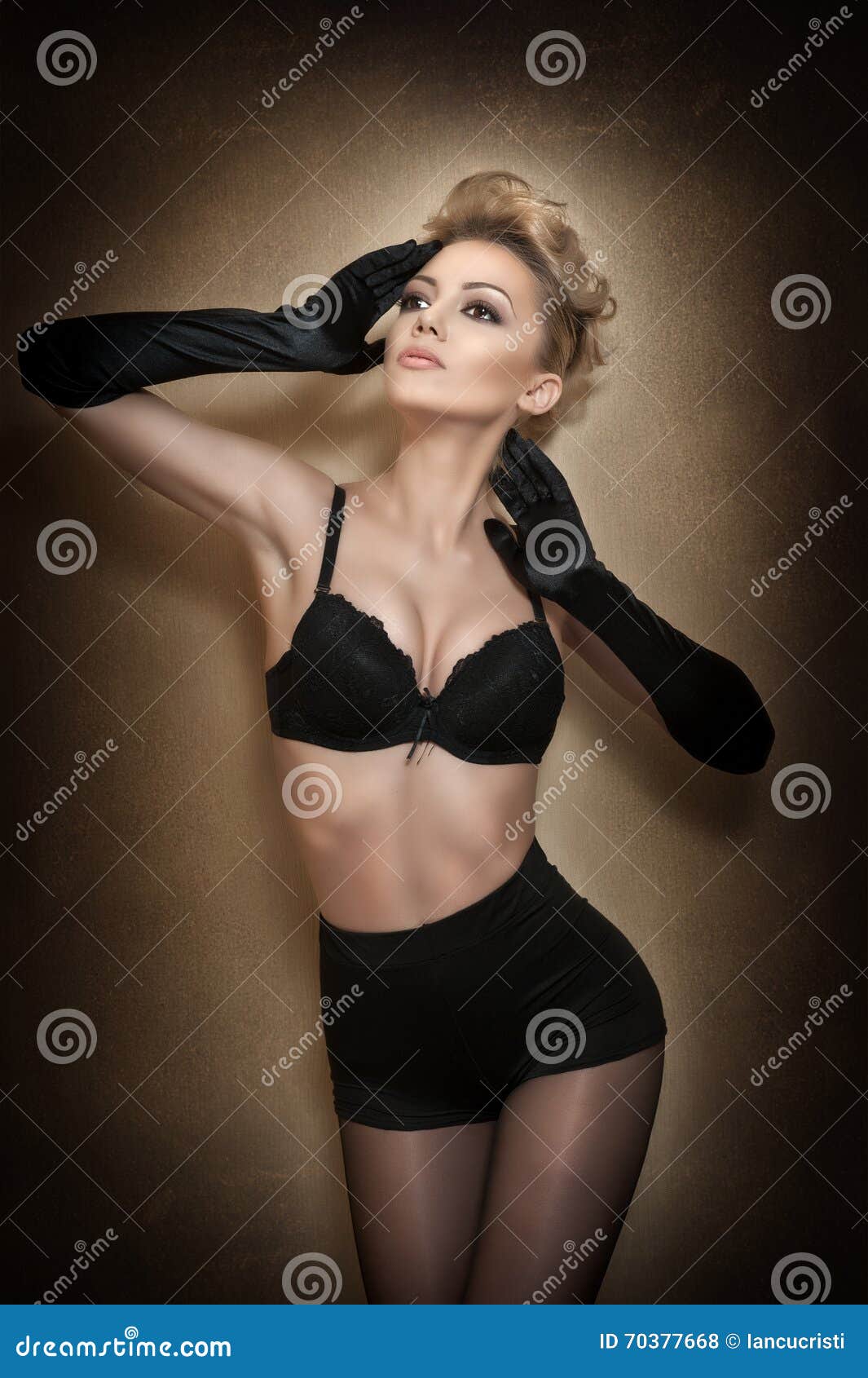 Attractive Fair Hair Model with Pantyhose and Black Gloves Posing  Provocatively. Fashion Portrait of Sensual Short Hair Blonde Stock Photo -  Image of fashion, hair: 70377668