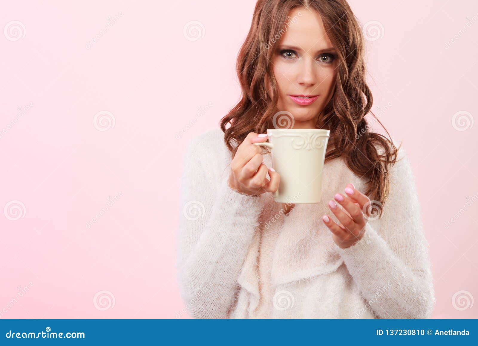 Autumn Woman Holds Mug with Coffee Warm Beverage Stock Photo - Image of ...