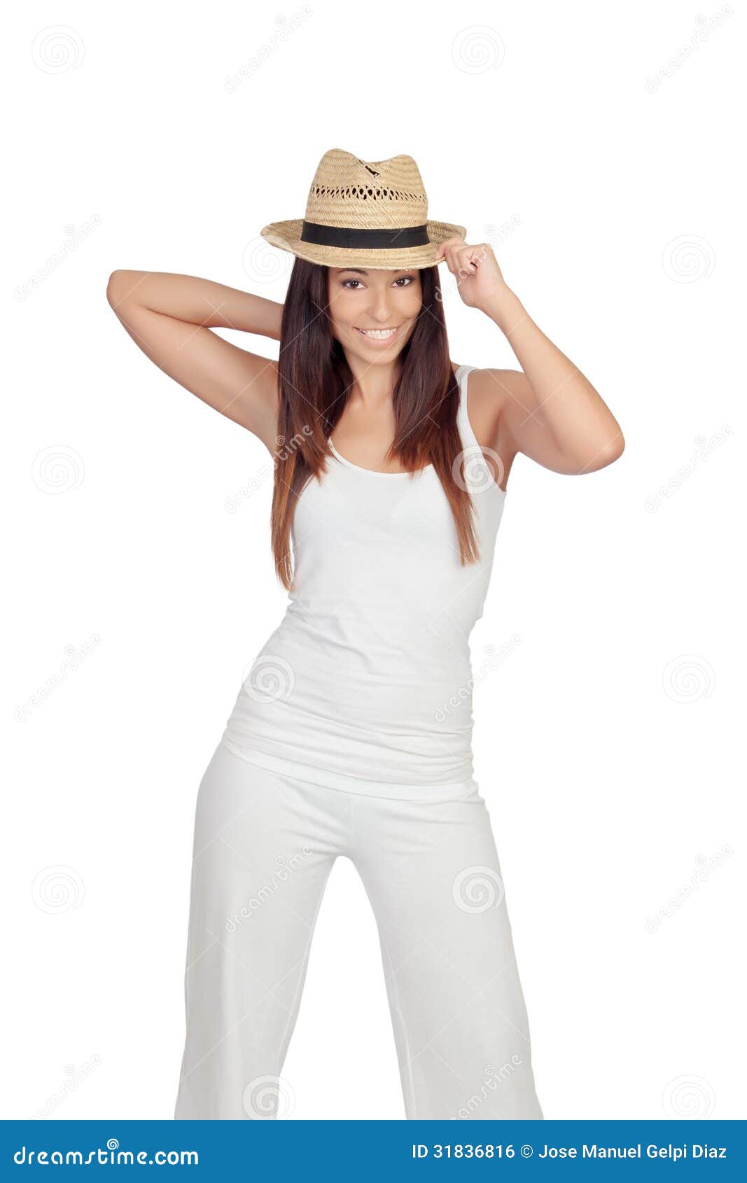Attractive Girl Dressed in White with Straw Hat Stock Photo Image of