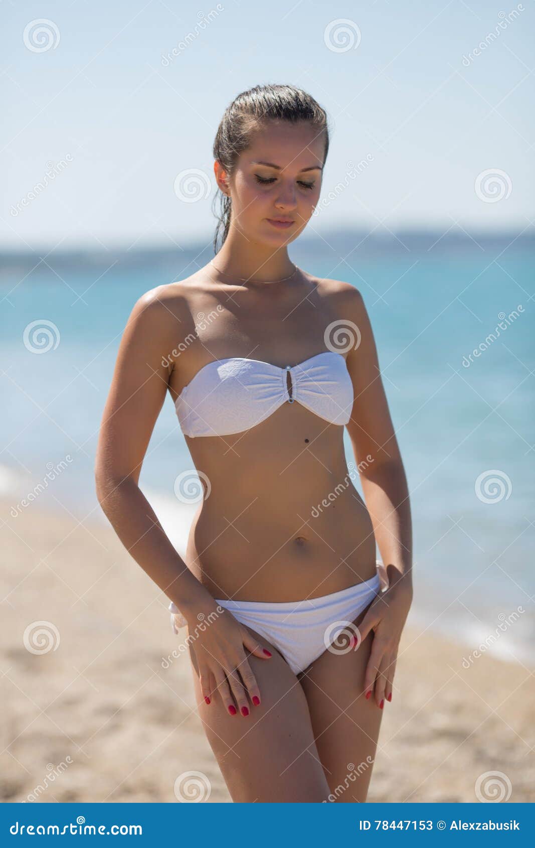 Attractive Girl In White Bikini On Seashore Stock Image Image Of People European 78447153