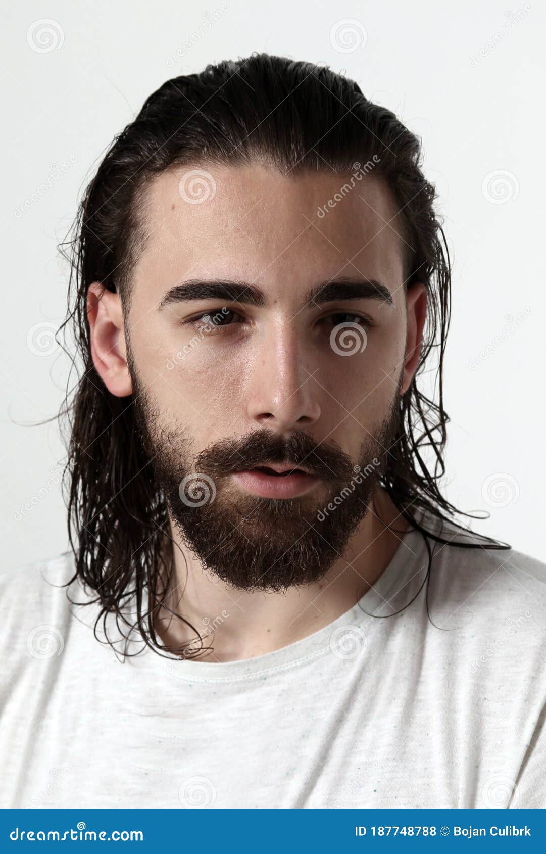 Attractive Male Model with Long Hair and Beard Posing in Studio on ...