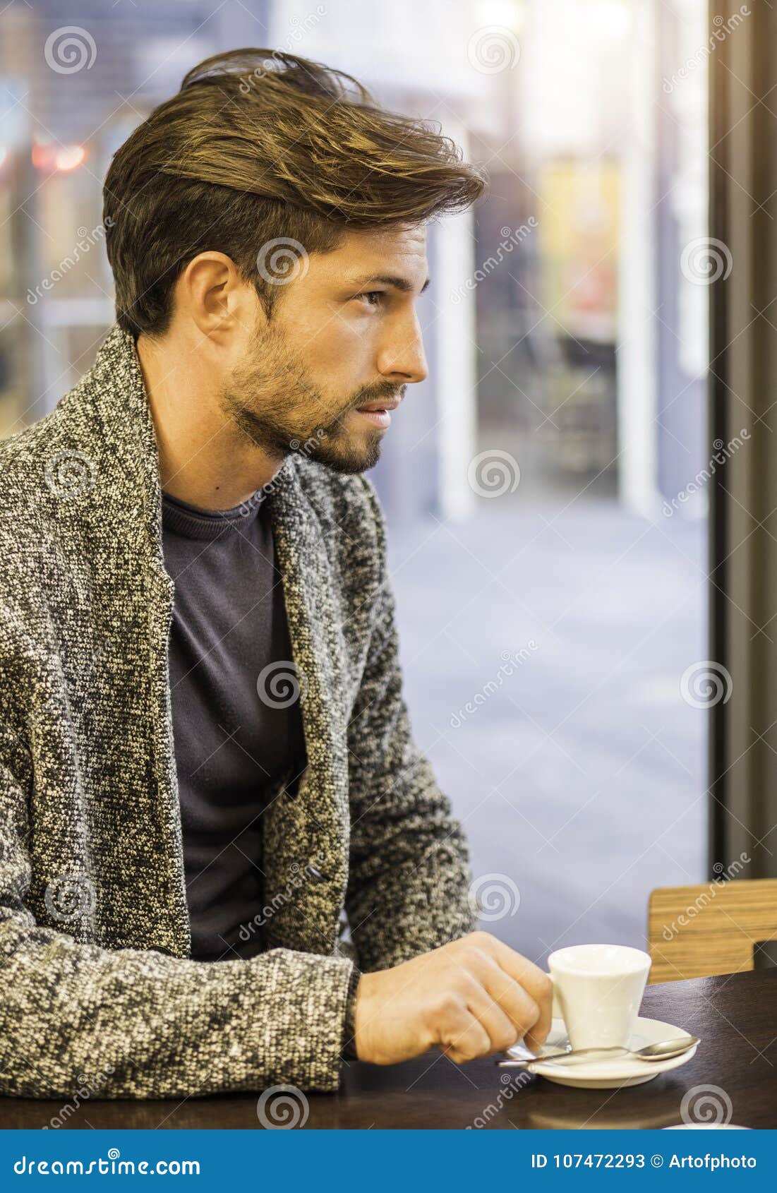 Attractive Man Drinking Coffee Stock Image Image of diner, thinking