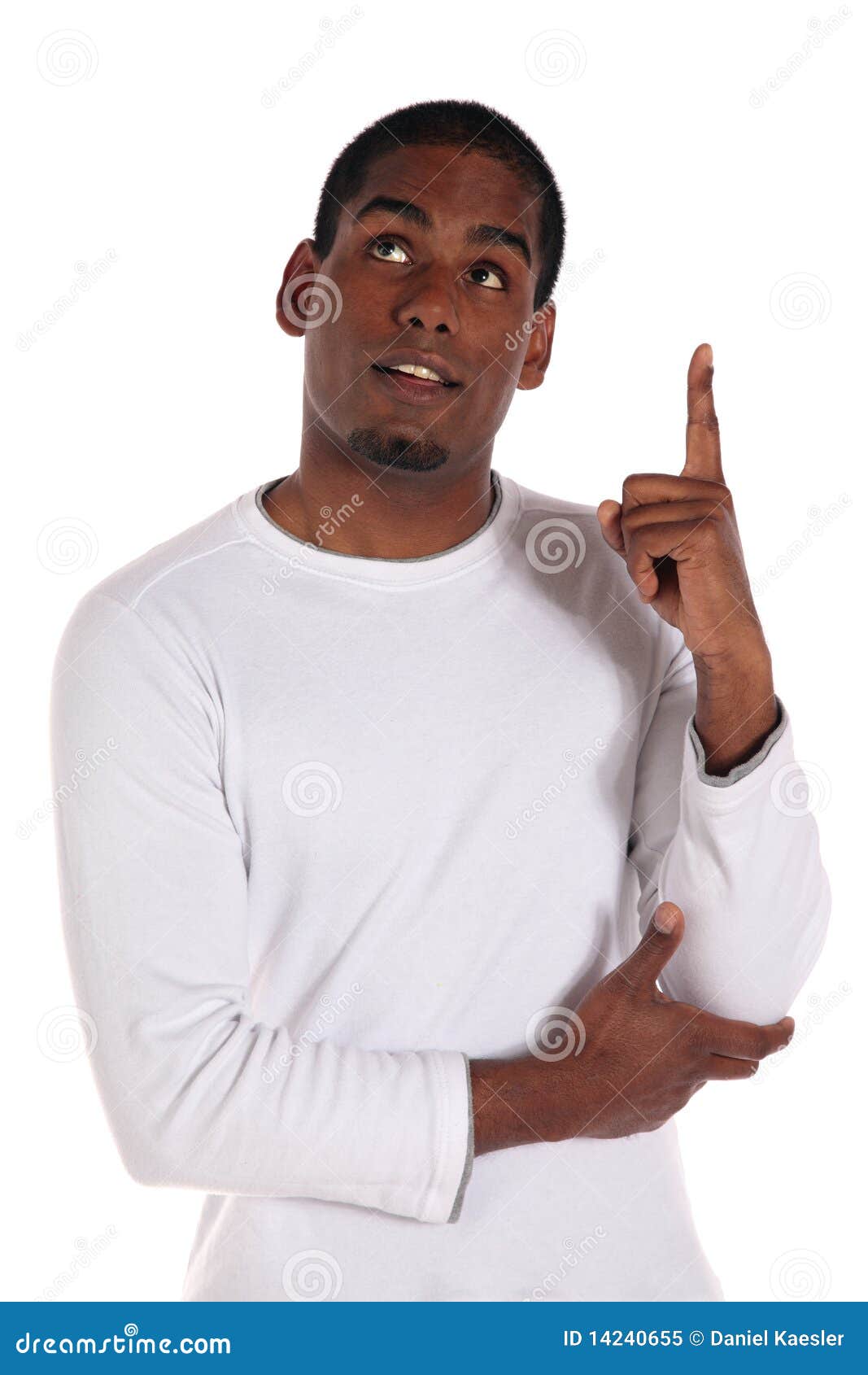 Attractive man got an idea. An attractive dark-skinned man got an idea. All on white background.