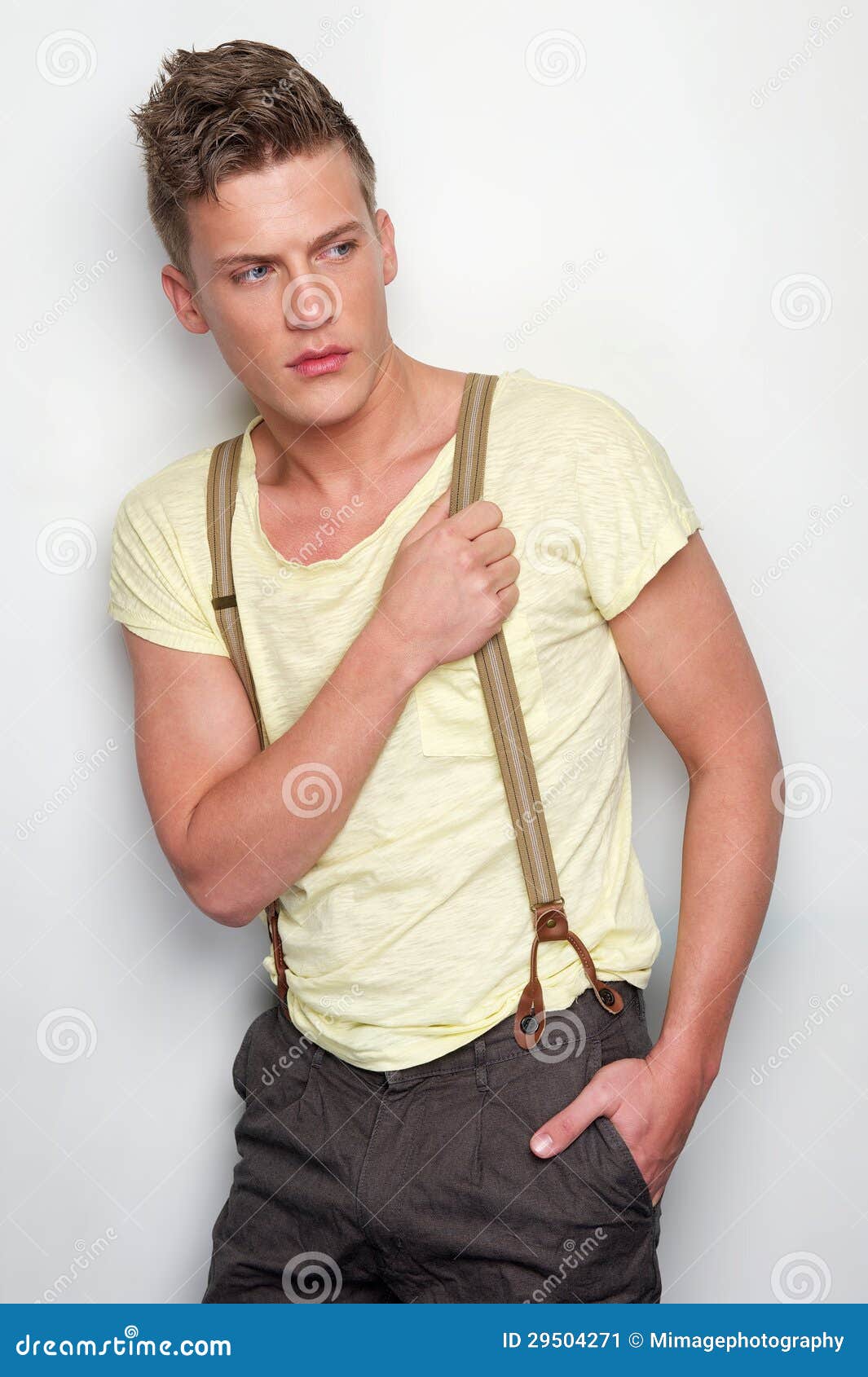 Attractive Man Holding Suspenders Stock Image Image of face
