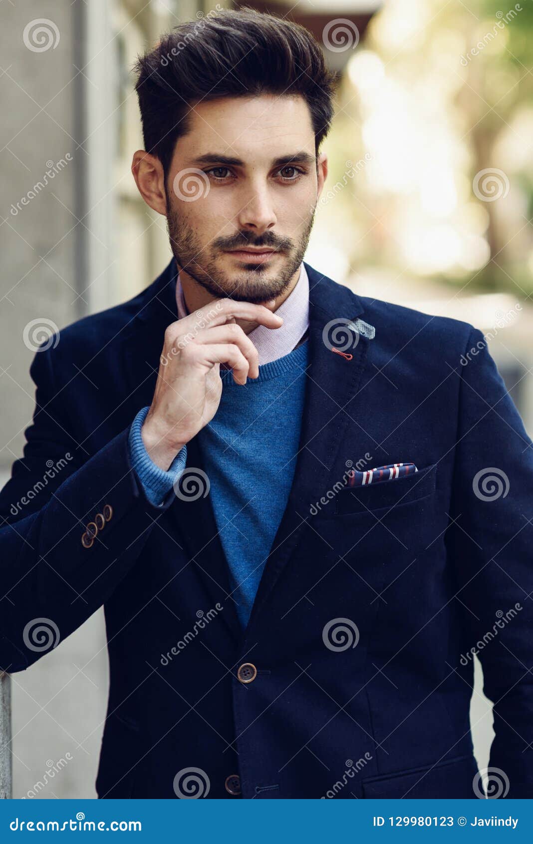 Attractive Man Wearing British Elegant Suit in the Street. Modern Hairstyle.  Stock Image - Image of male, streetstyle: 129980123