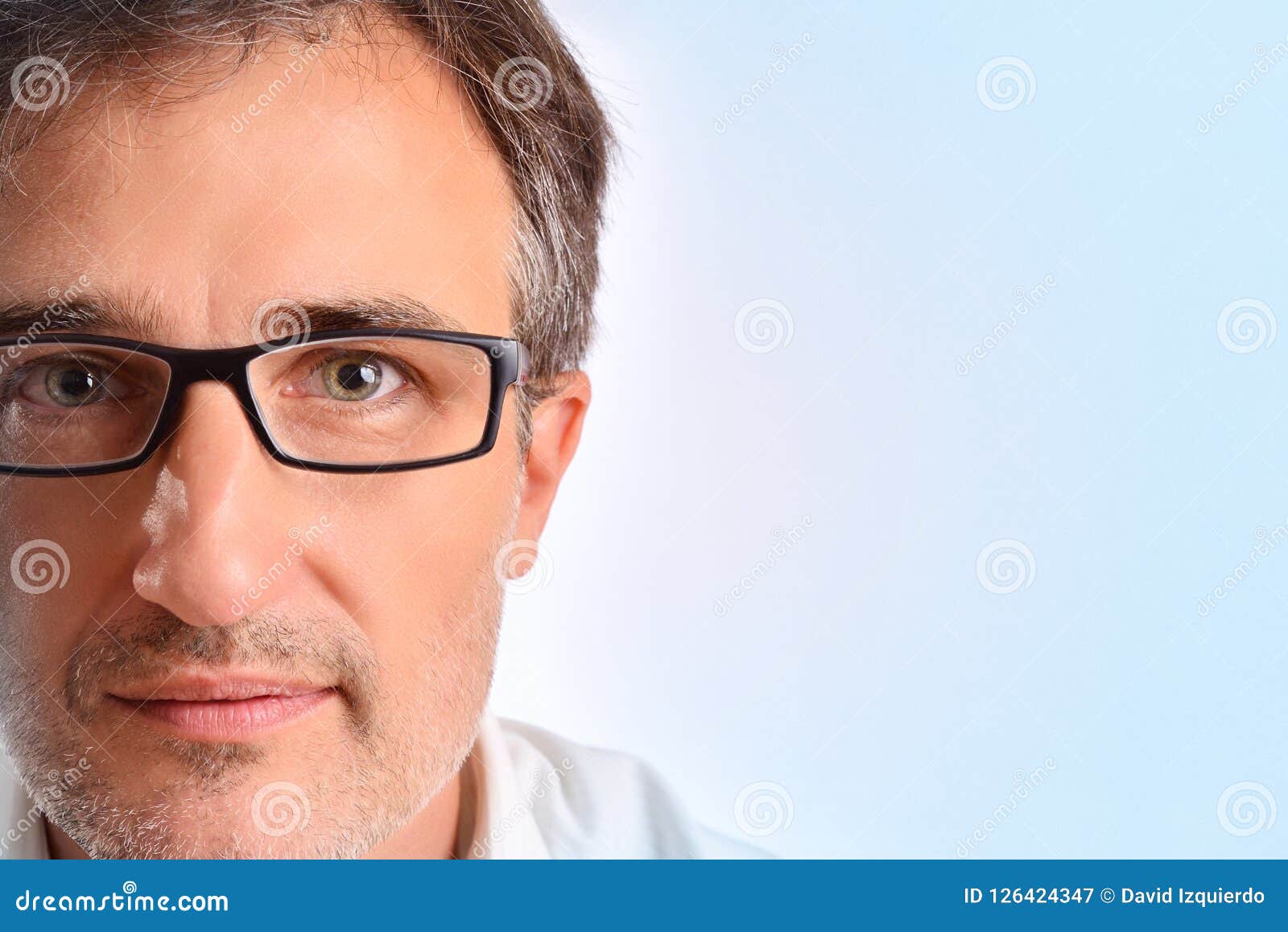 Attractive Middle Aged Man With Eyeglasses Blue Background Detail Stock