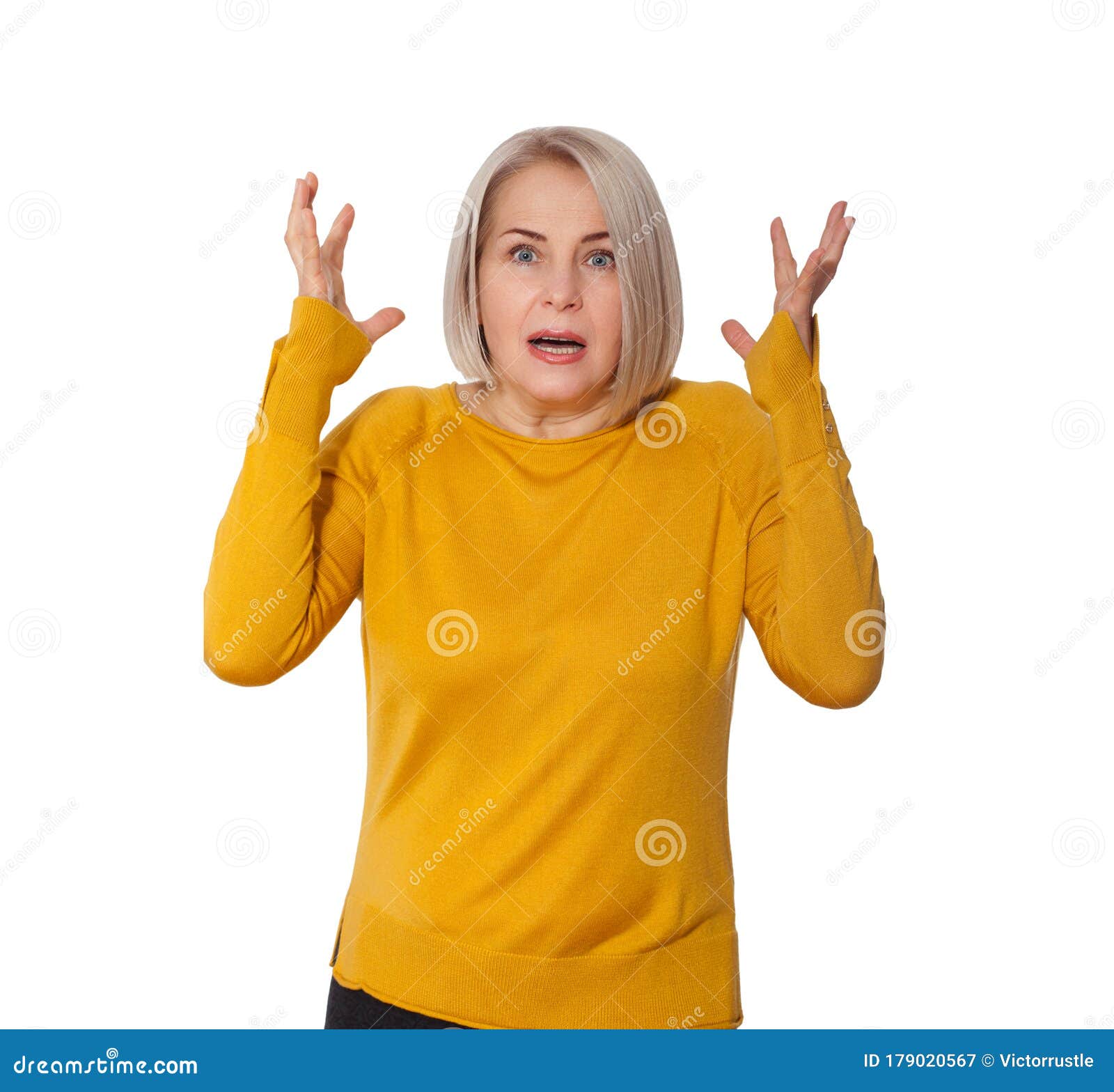attractive middle aged woman expresses fear and horror, panic and cry, hysterics and problem, surprise and fright. woman