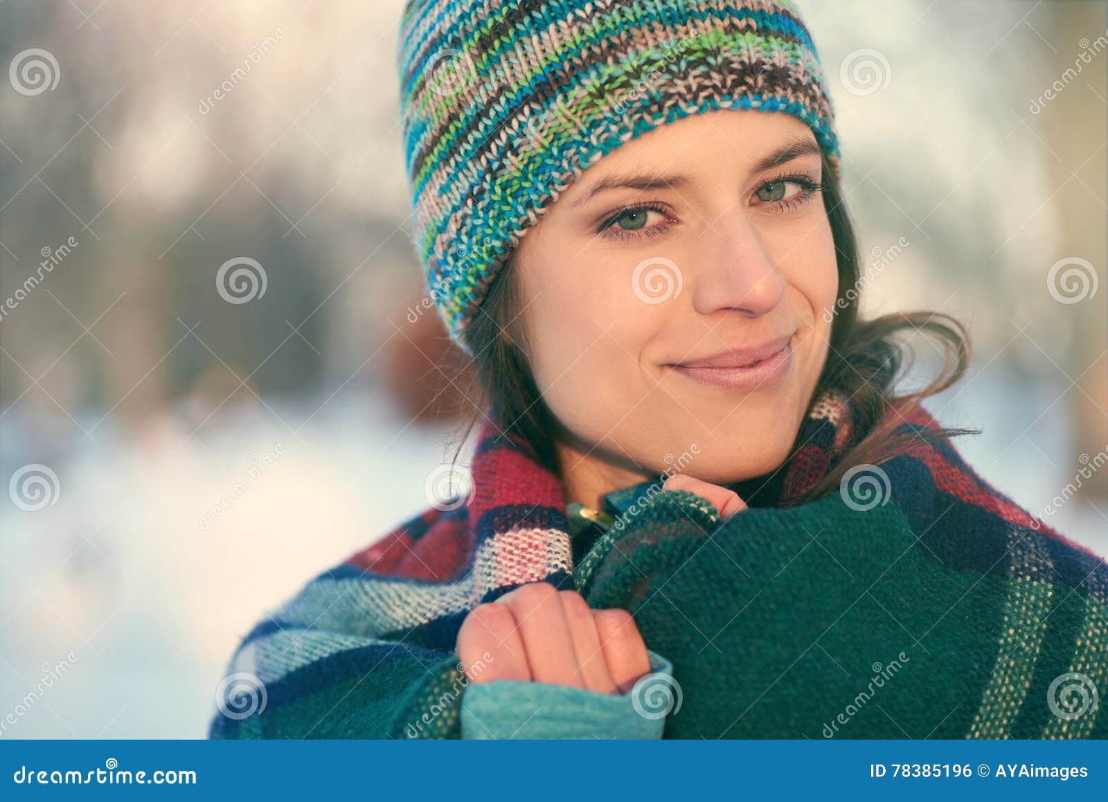 Attractive Mixed Race Woman Smilling in the Snow Stock Photo - Image of ...